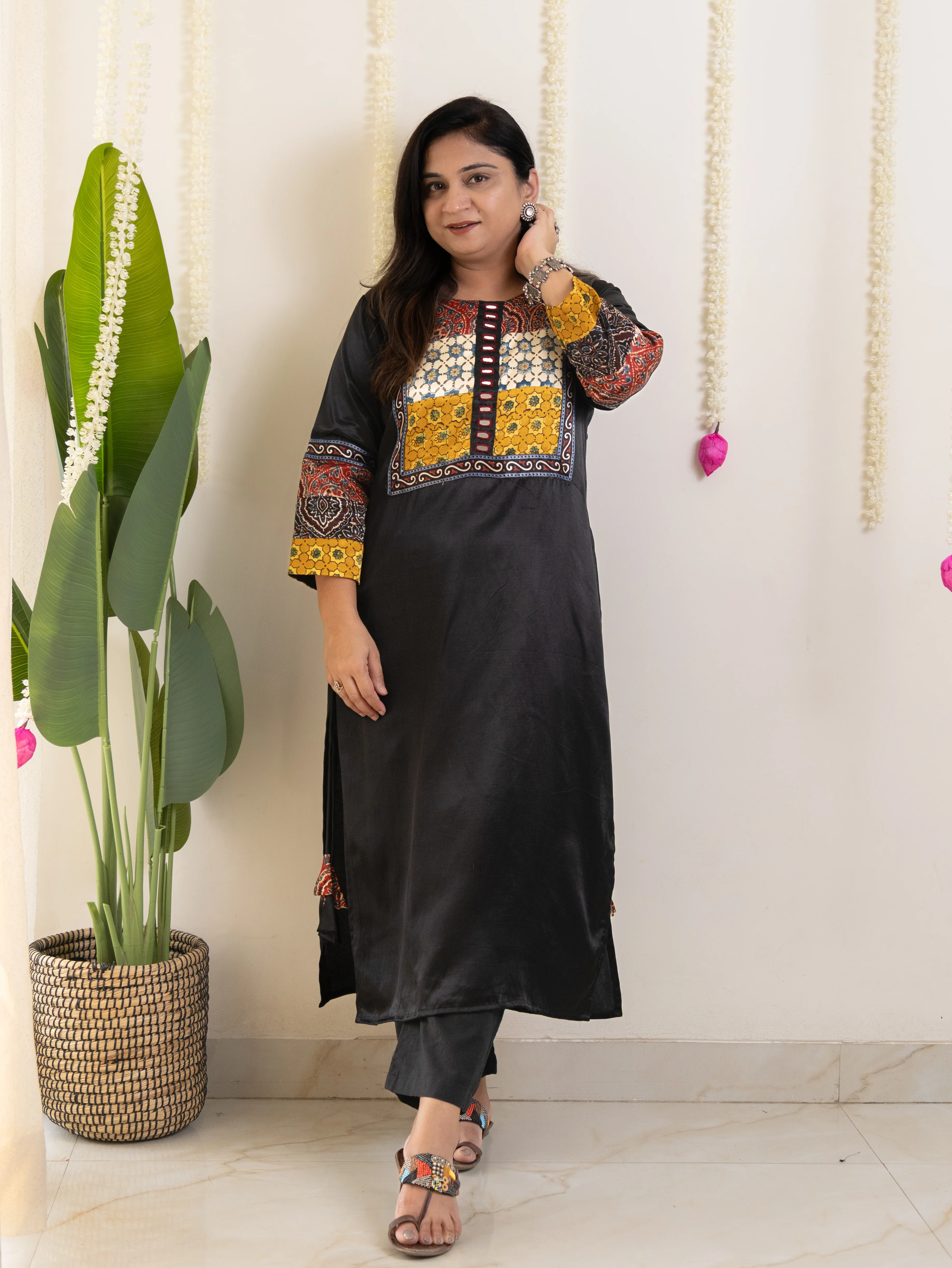 Daniya Black Mashru Silk Ajrakh Embroidered Kurta - Image 7
