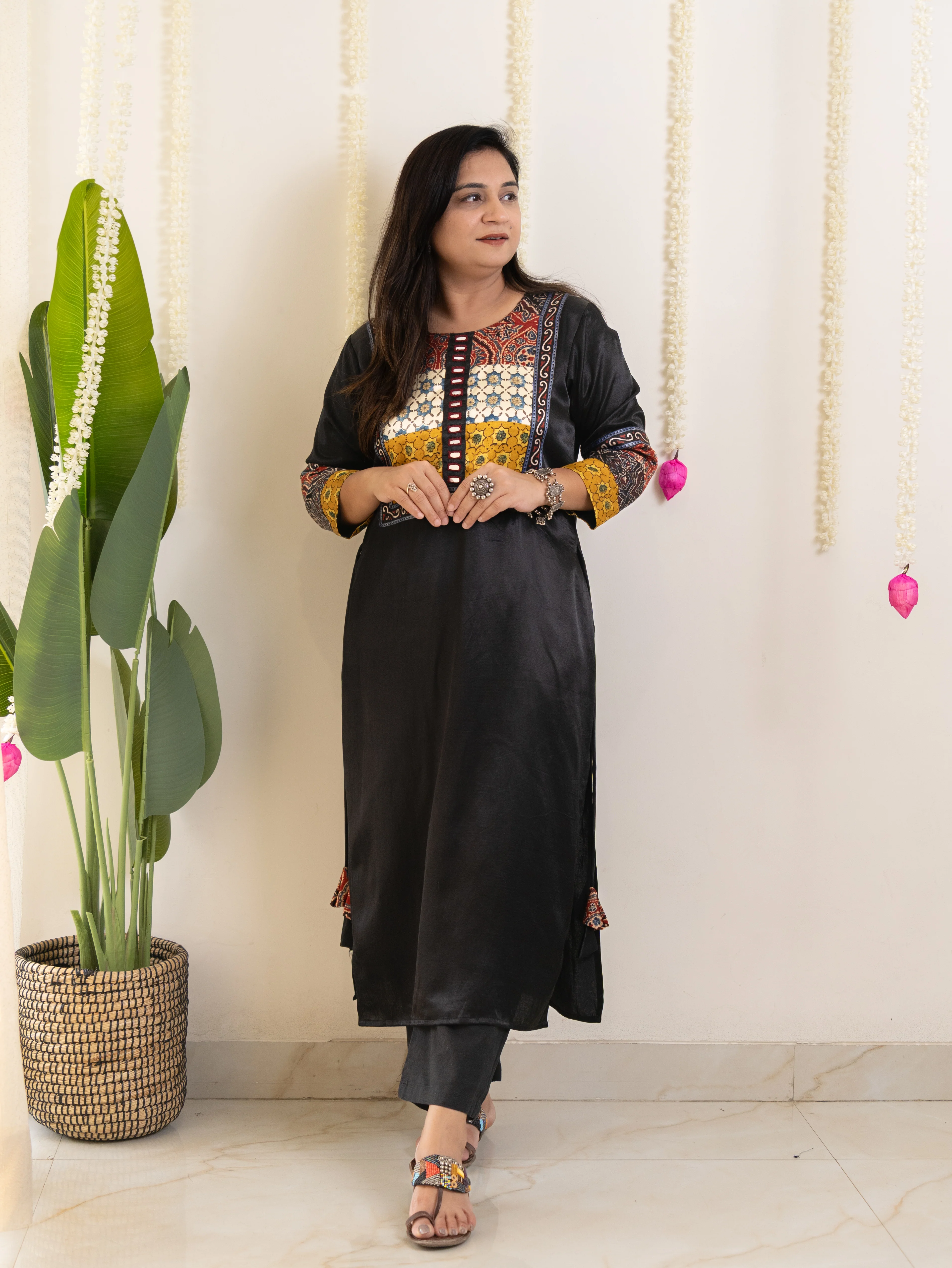 Daniya Black Mashru Silk Ajrakh Embroidered Kurta - Image 8