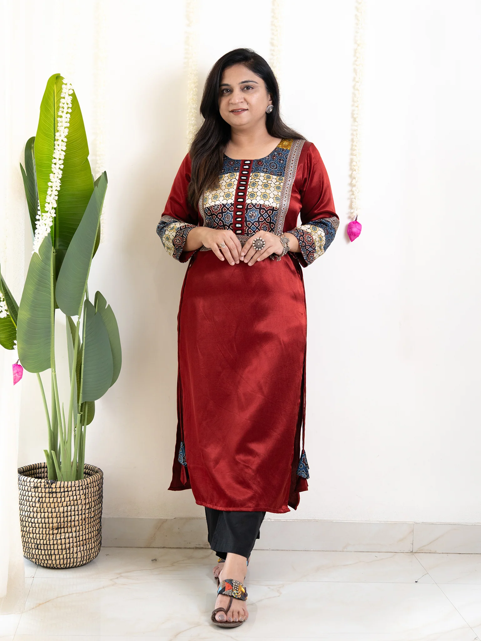 Daniya Red Mashru Silk Ajrakh Embroidered Kurta - Image 2