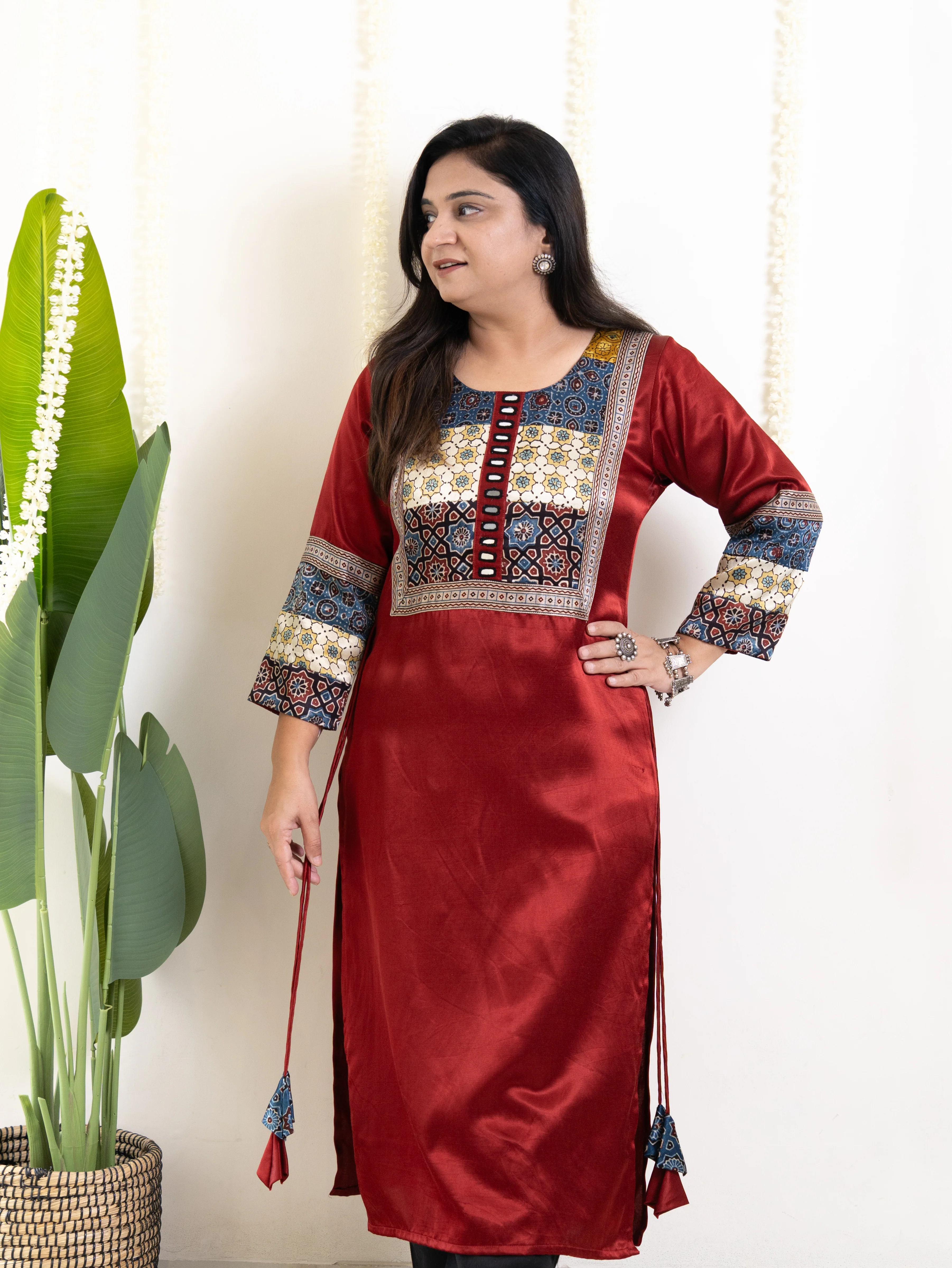 Daniya Red Mashru Silk Ajrakh Embroidered Kurta - Image 6