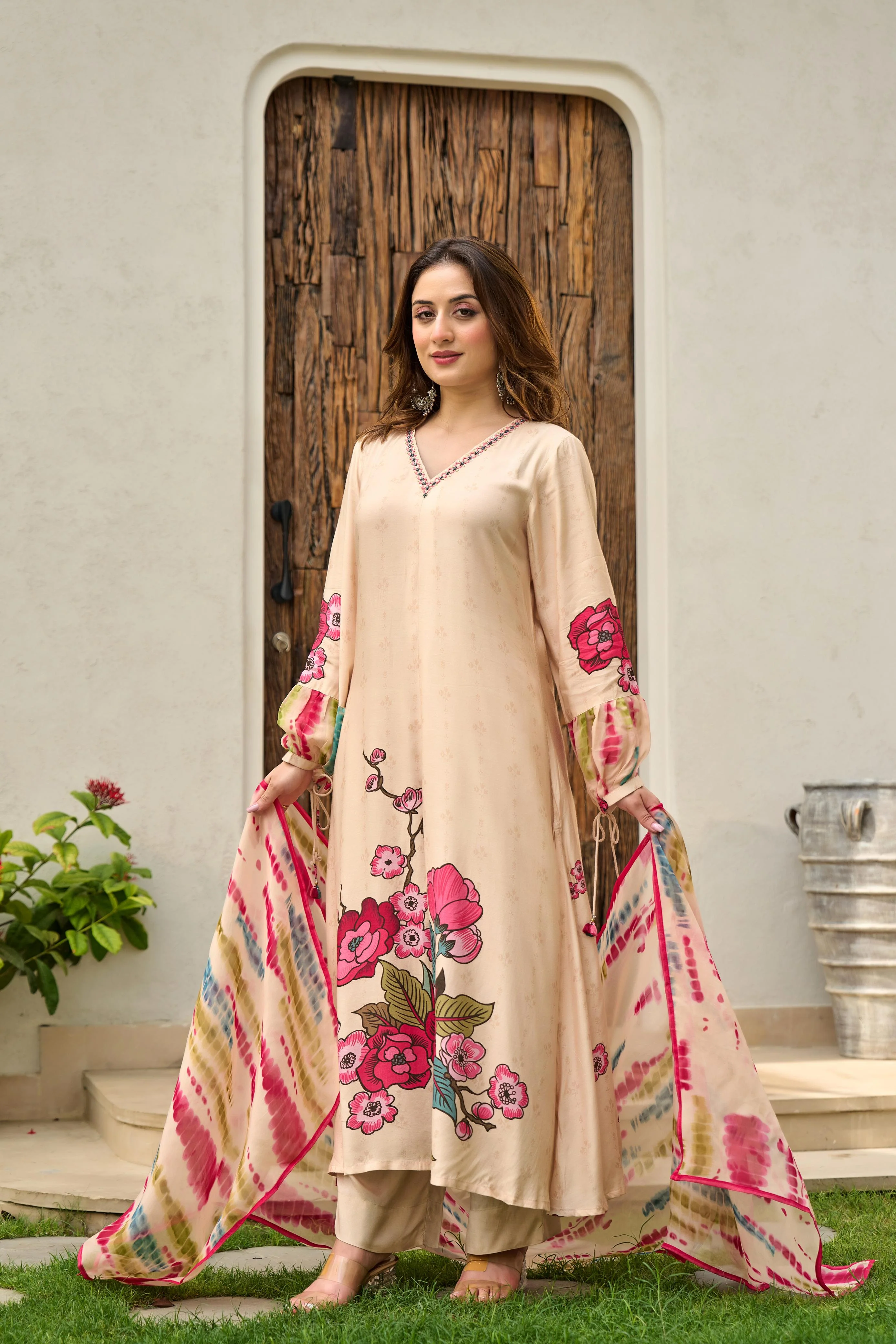 Dolly Beige Muslin Floral Embroidered Pant Set