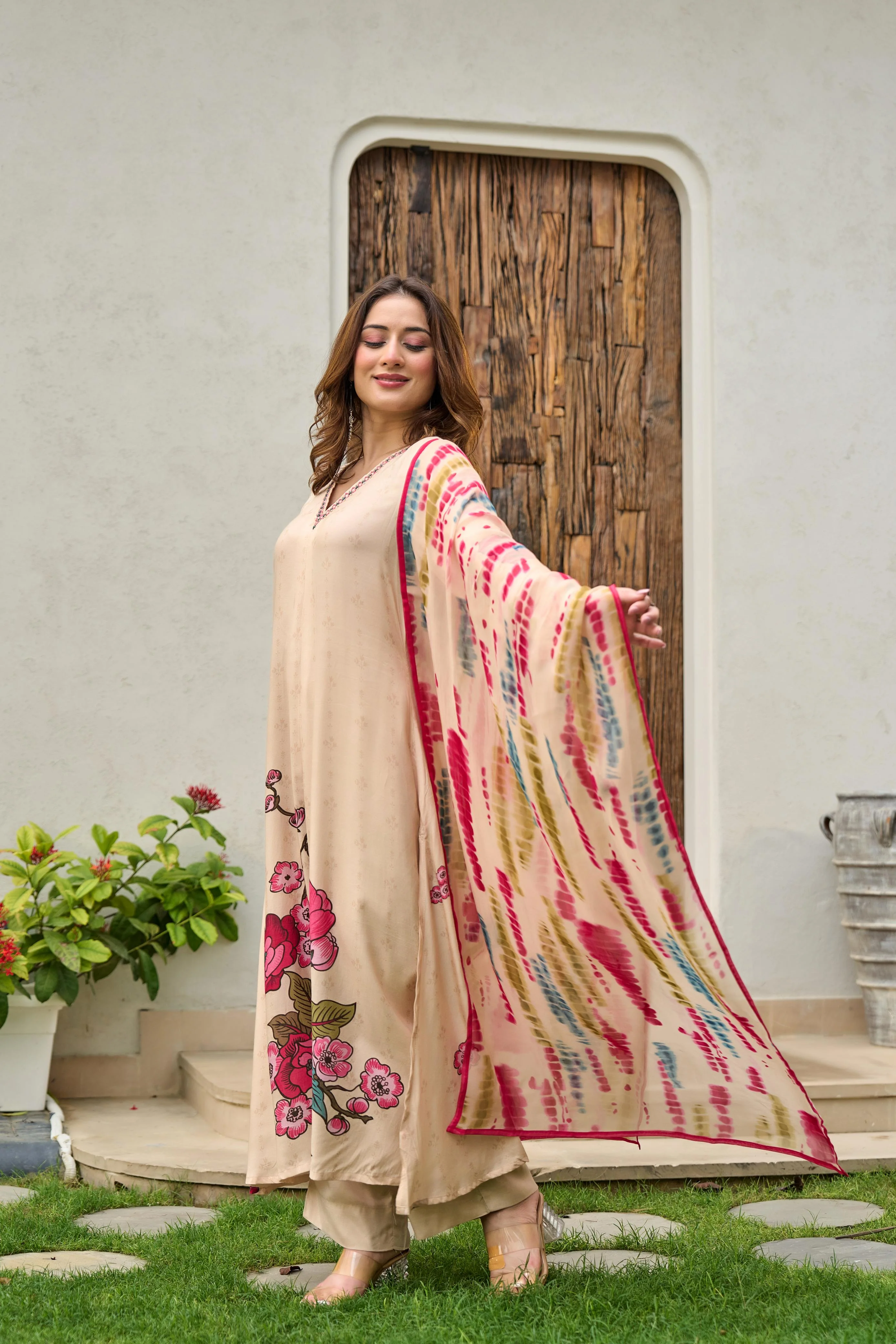 Dolly Beige Muslin Floral Embroidered Pant Set - Image 2
