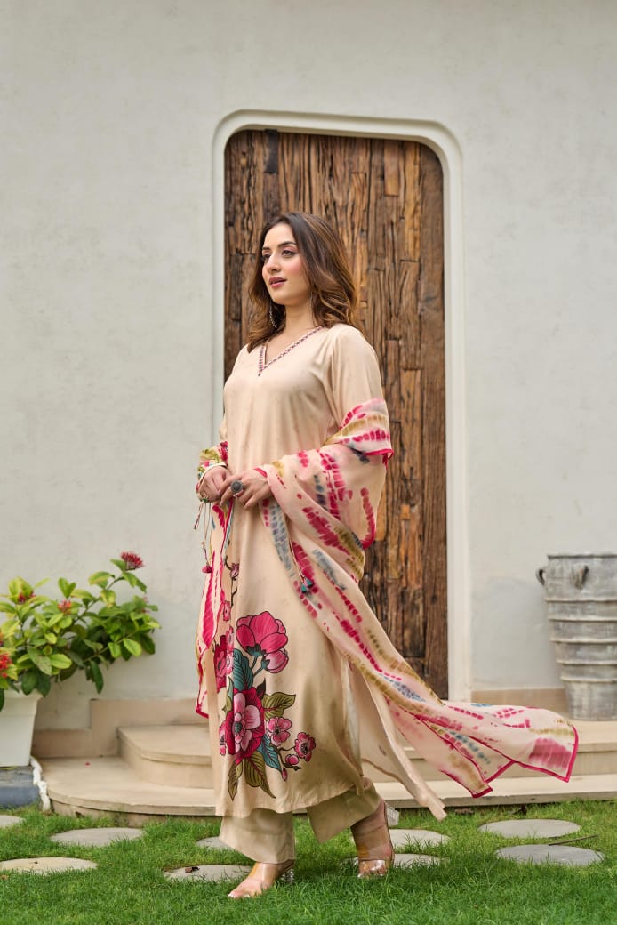 Dolly Beige Muslin Floral Embroidered Pant Set - Image 3