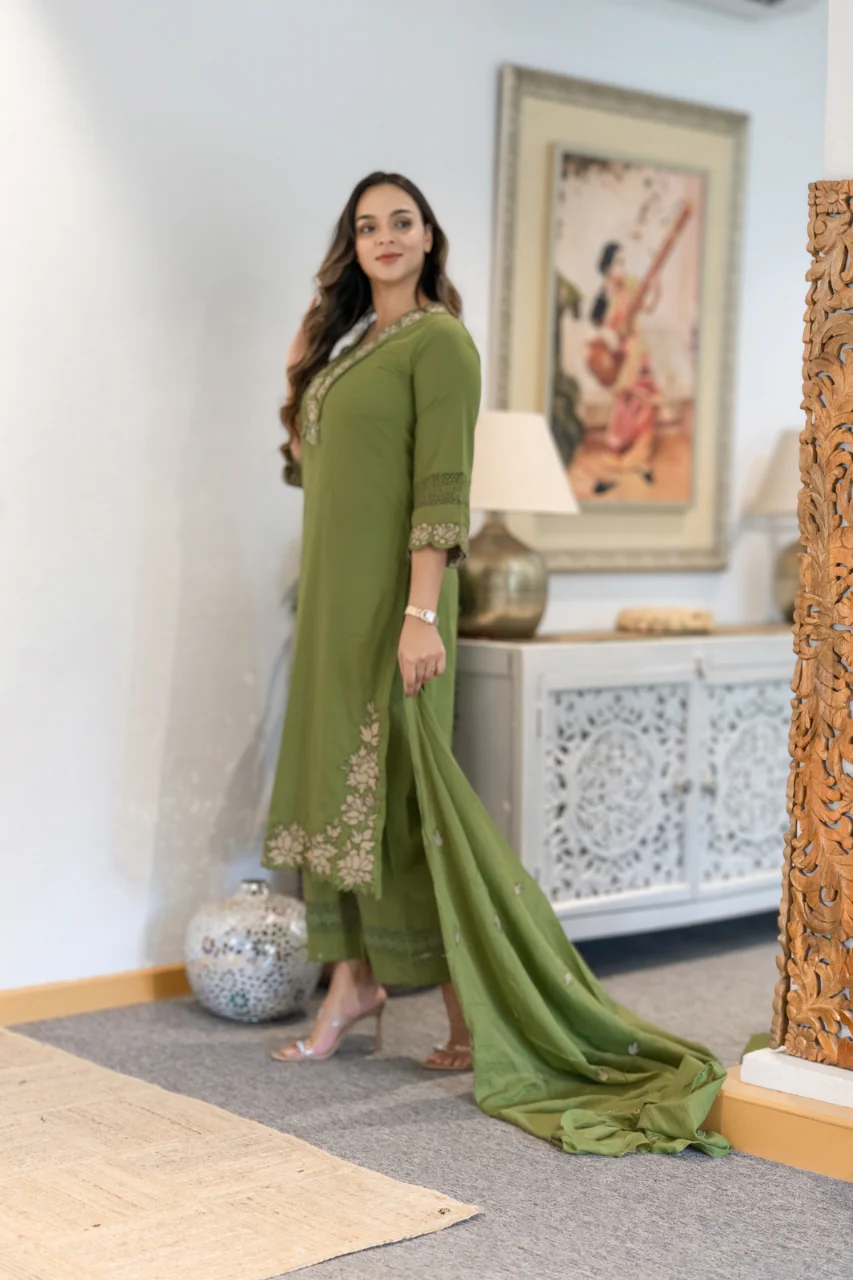 Gazal Green Premium Cotton Embroidered Pant set - Image 5