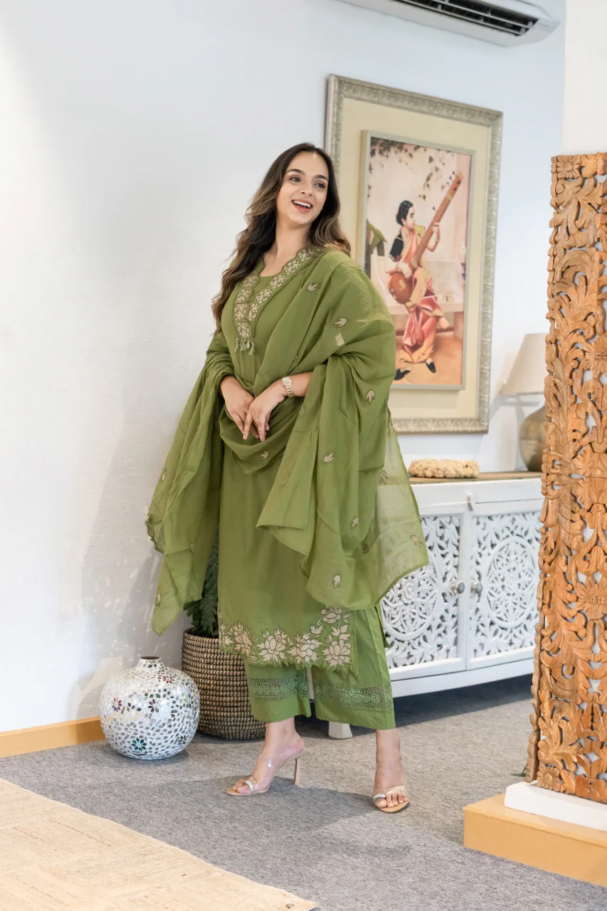 Gazal Green Premium Cotton Embroidered Pant set - Image 6