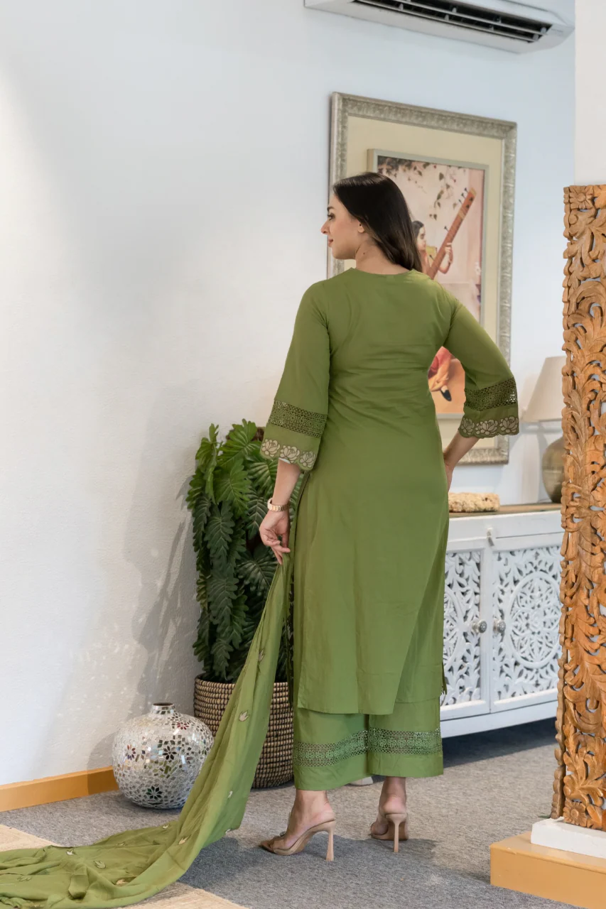 Gazal Green Premium Cotton Embroidered Pant set - Image 9