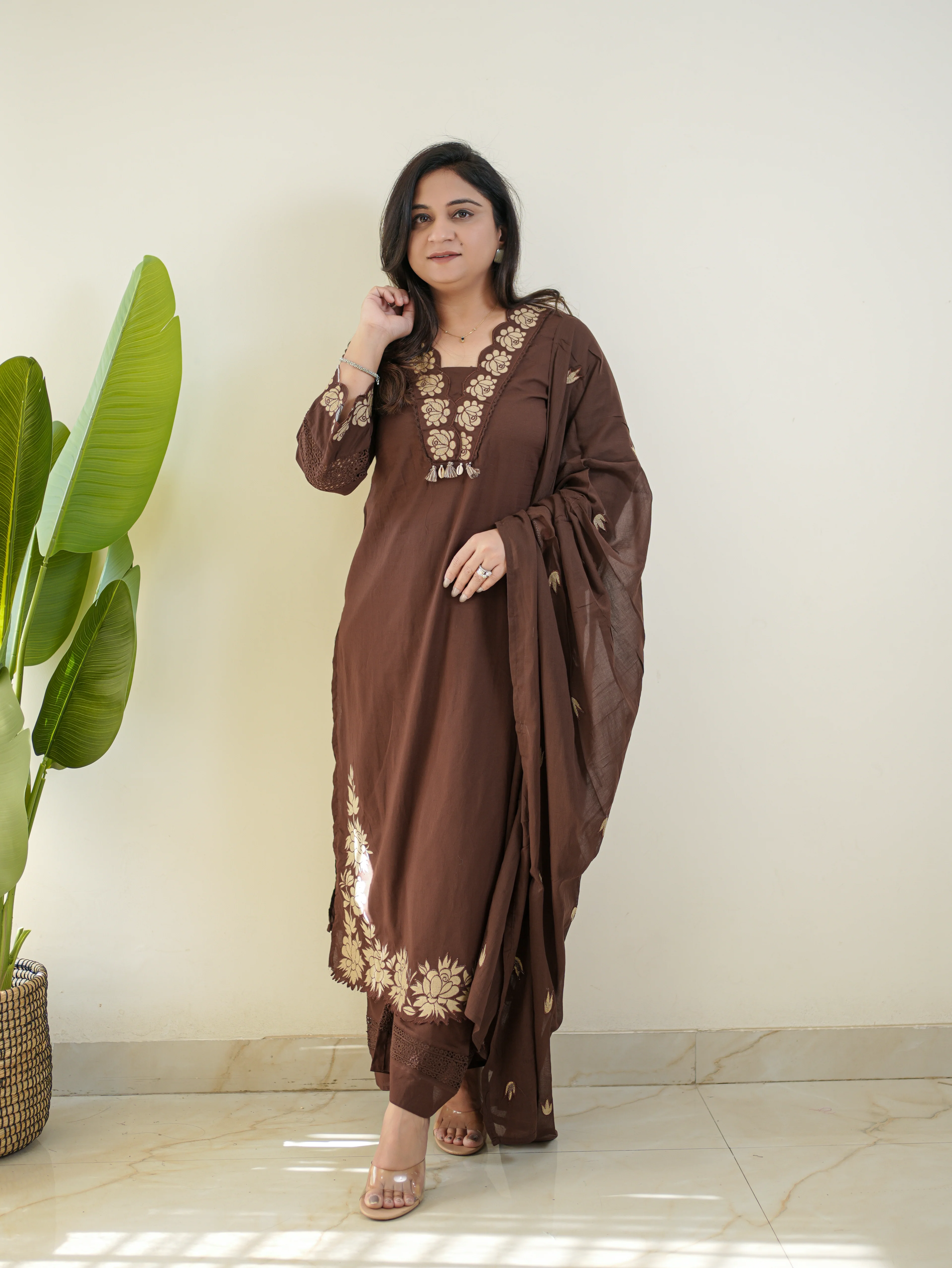 Gazal Brown Premium Cotton Embroidered Pant set - Image 3
