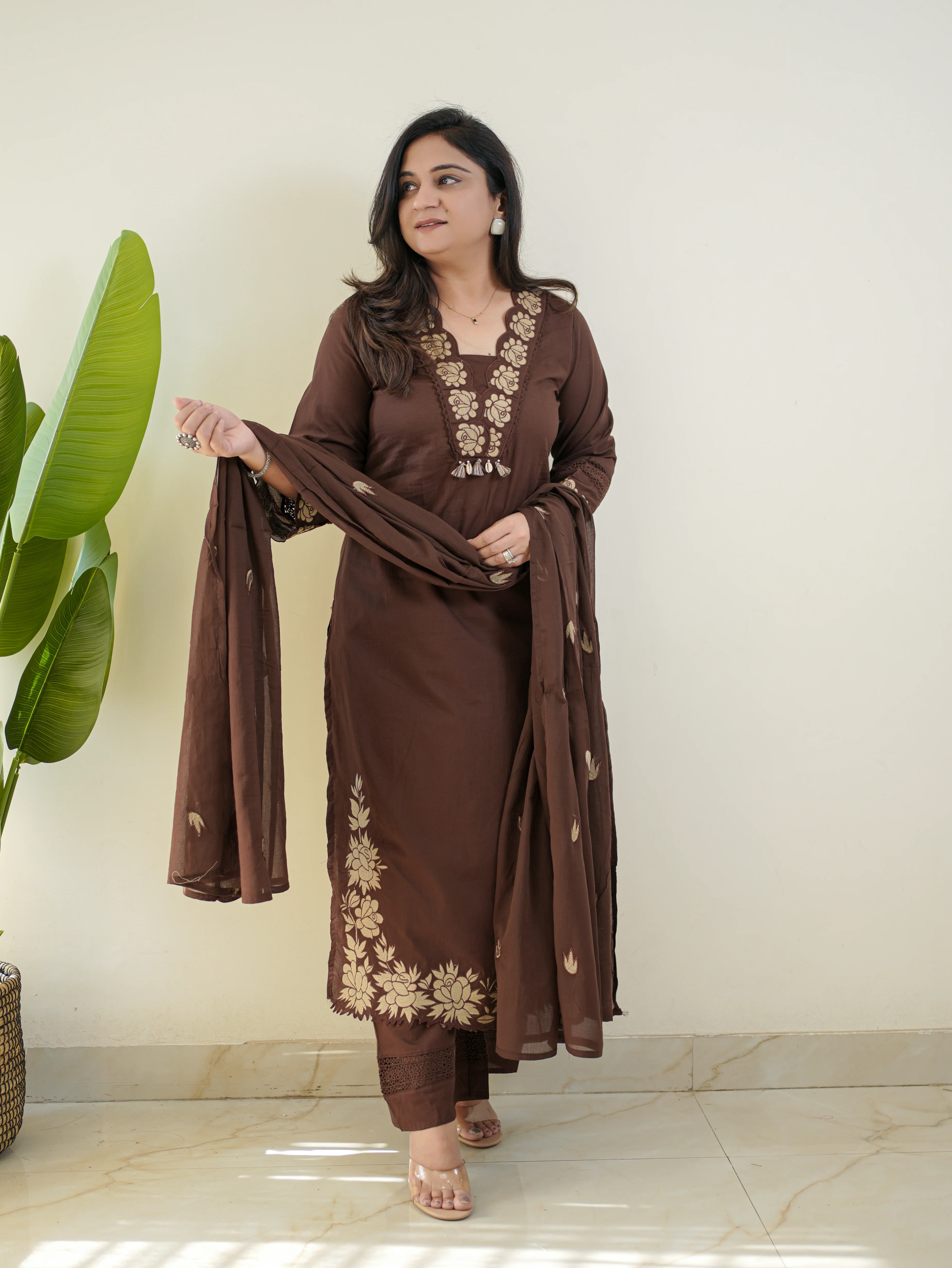 Gazal Brown Premium Cotton Embroidered Pant set - Image 4