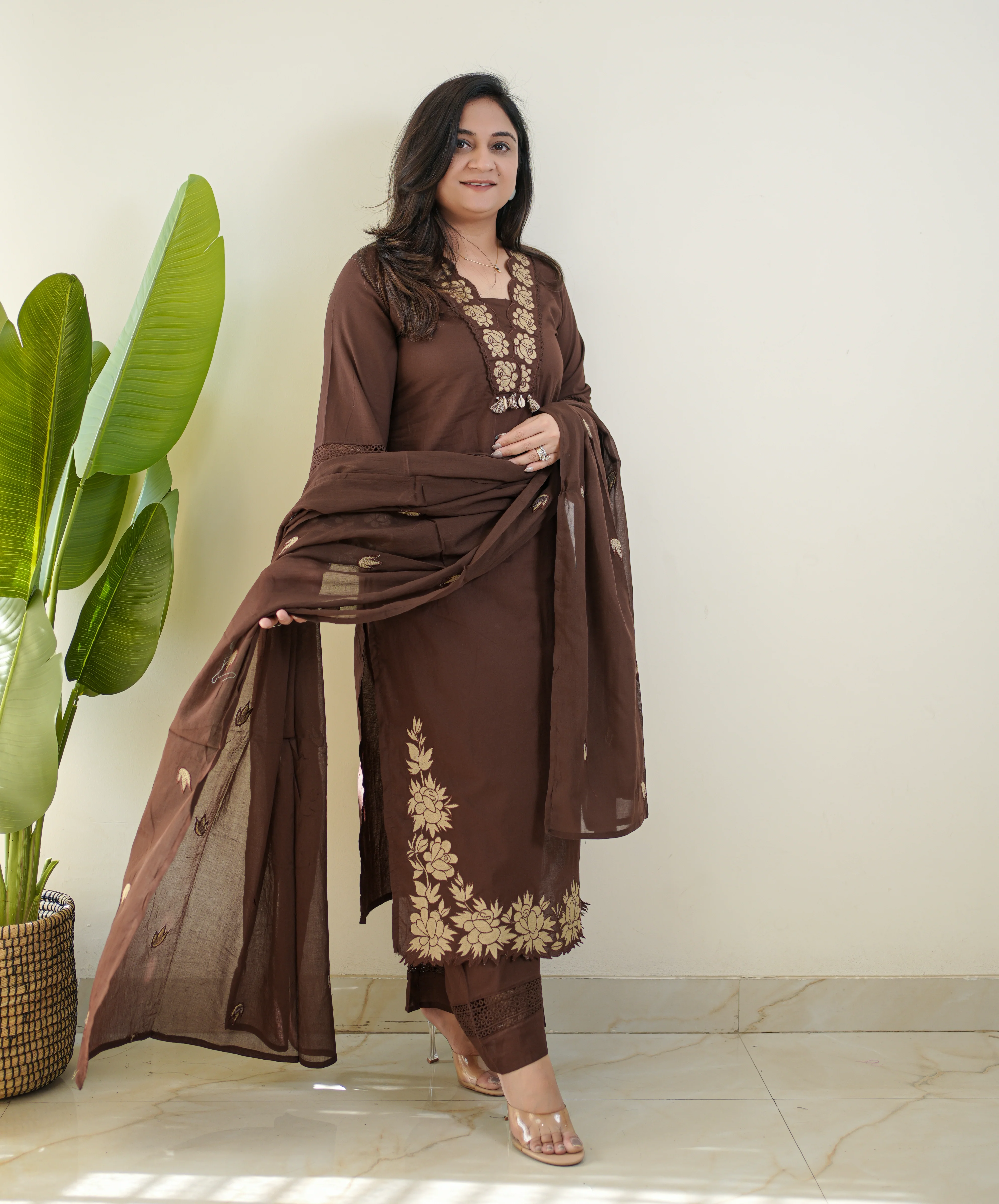 Gazal Brown Premium Cotton Embroidered Pant set - Image 5