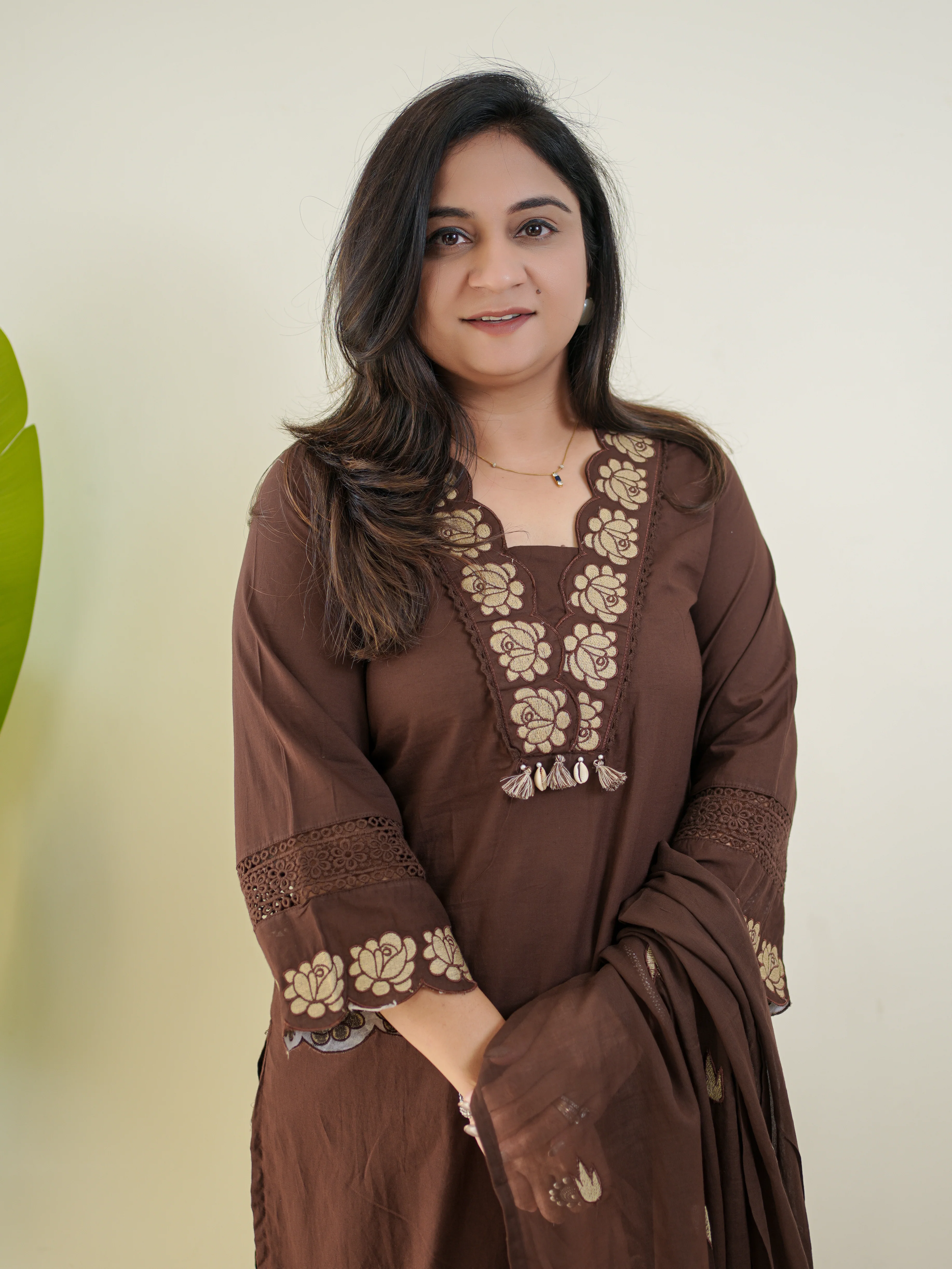 Gazal Brown Premium Cotton Embroidered Pant set - Image 6