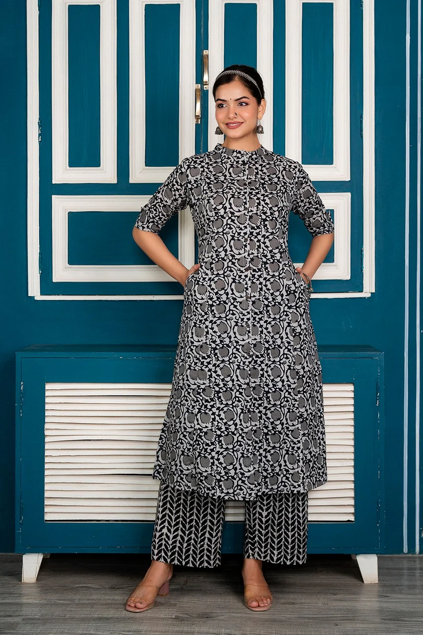 Grey Cotton Floral A-line Coord Set