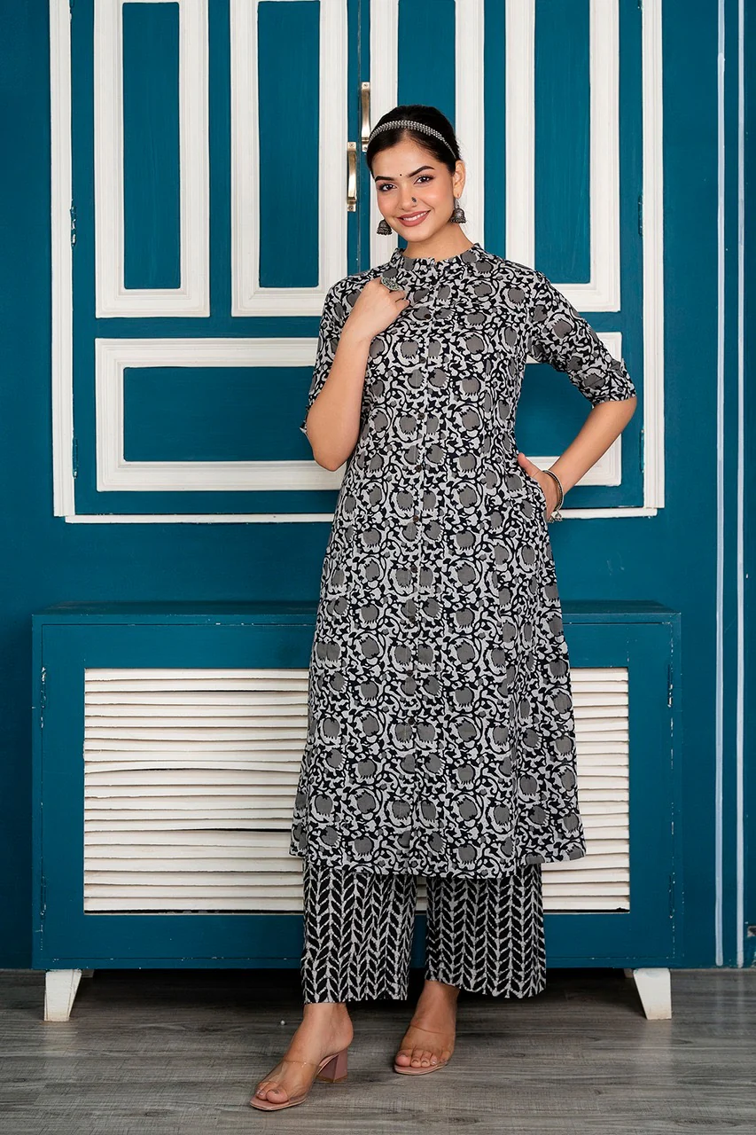 Grey Cotton Floral A-line Coord Set - Image 3