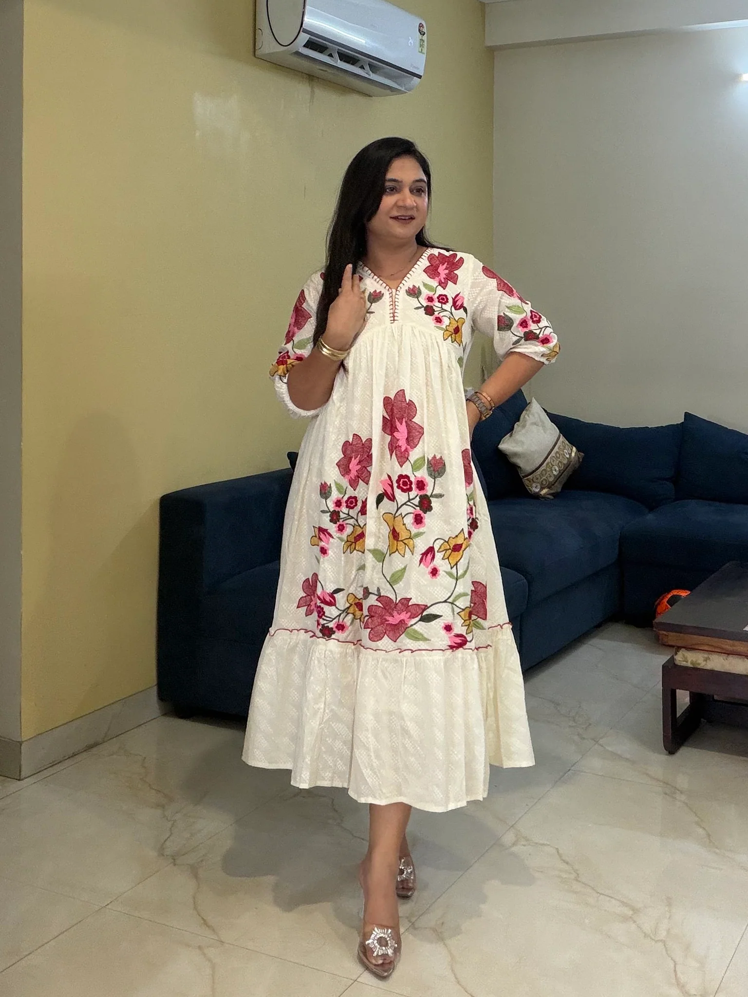 Inam Cotton Floral Embroidered Alia Long Dress - Image 3
