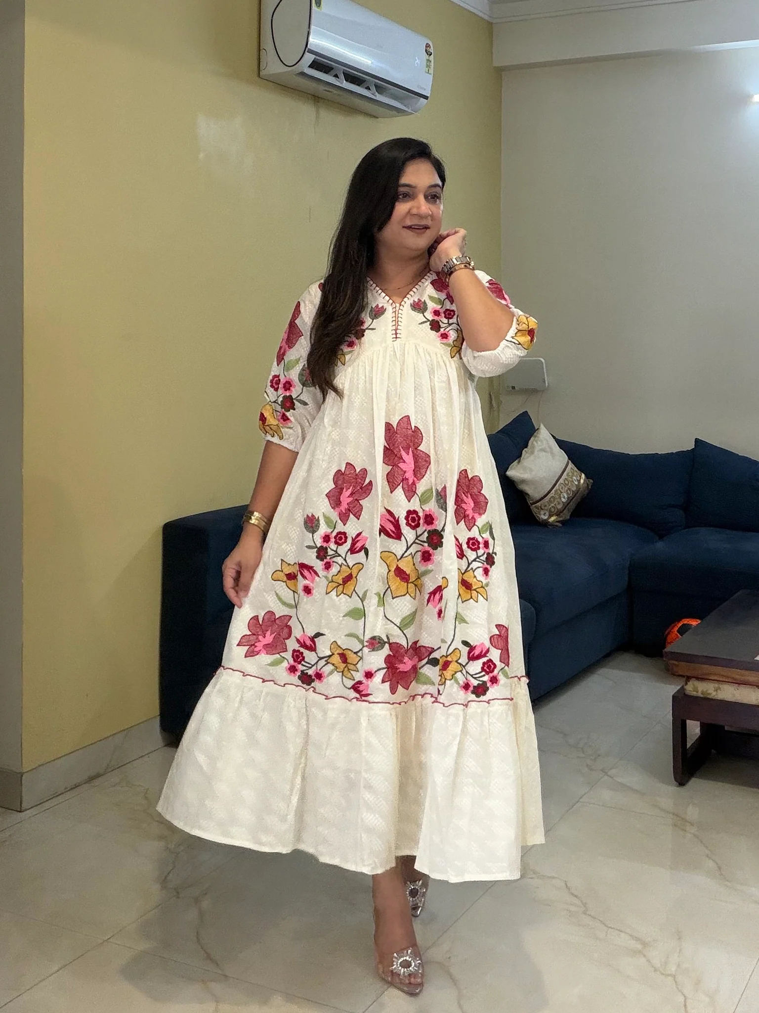Inam Cotton Floral Embroidered Alia Long Dress - Image 4