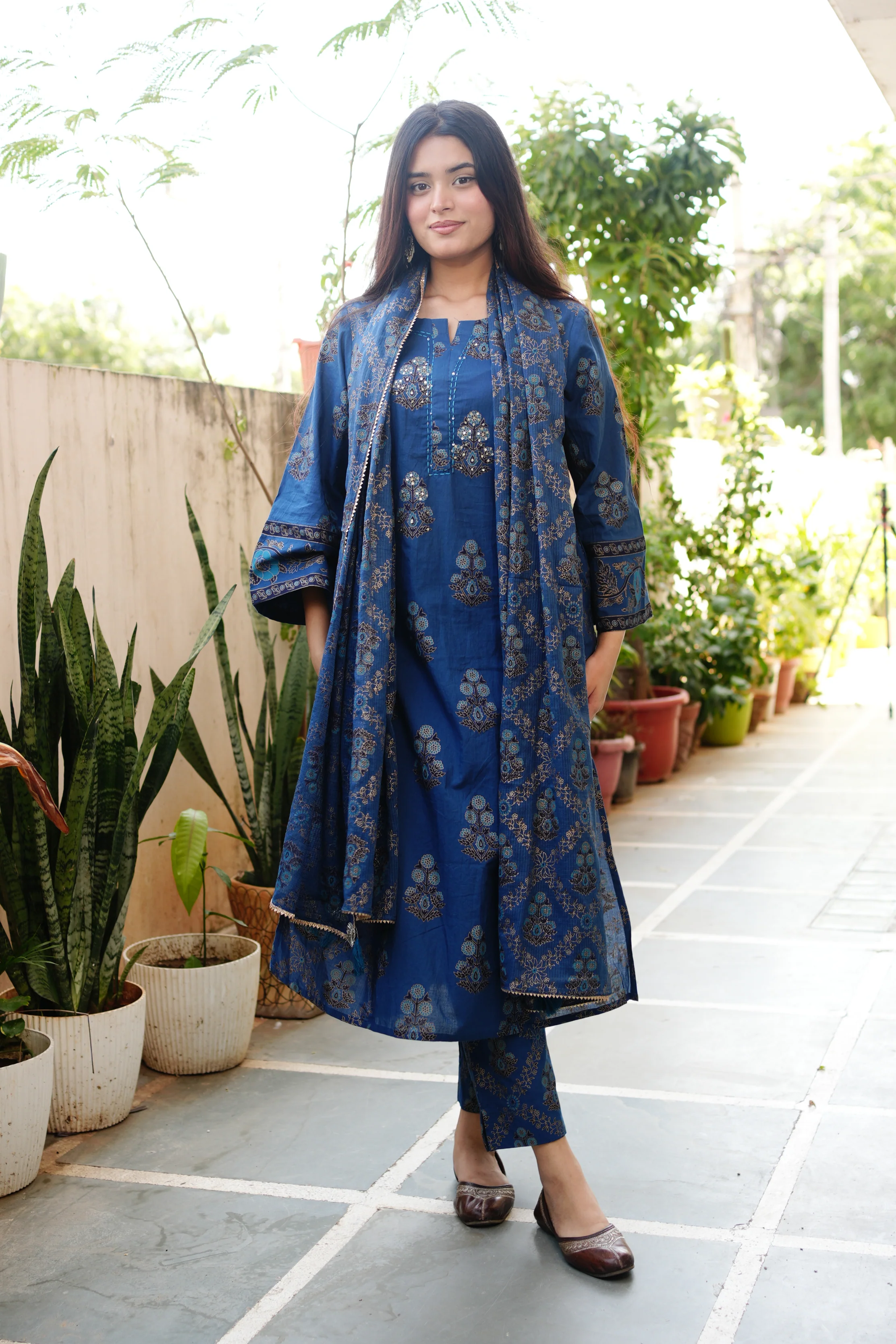 Irya Cotton Handblock Embroidered Pant Set