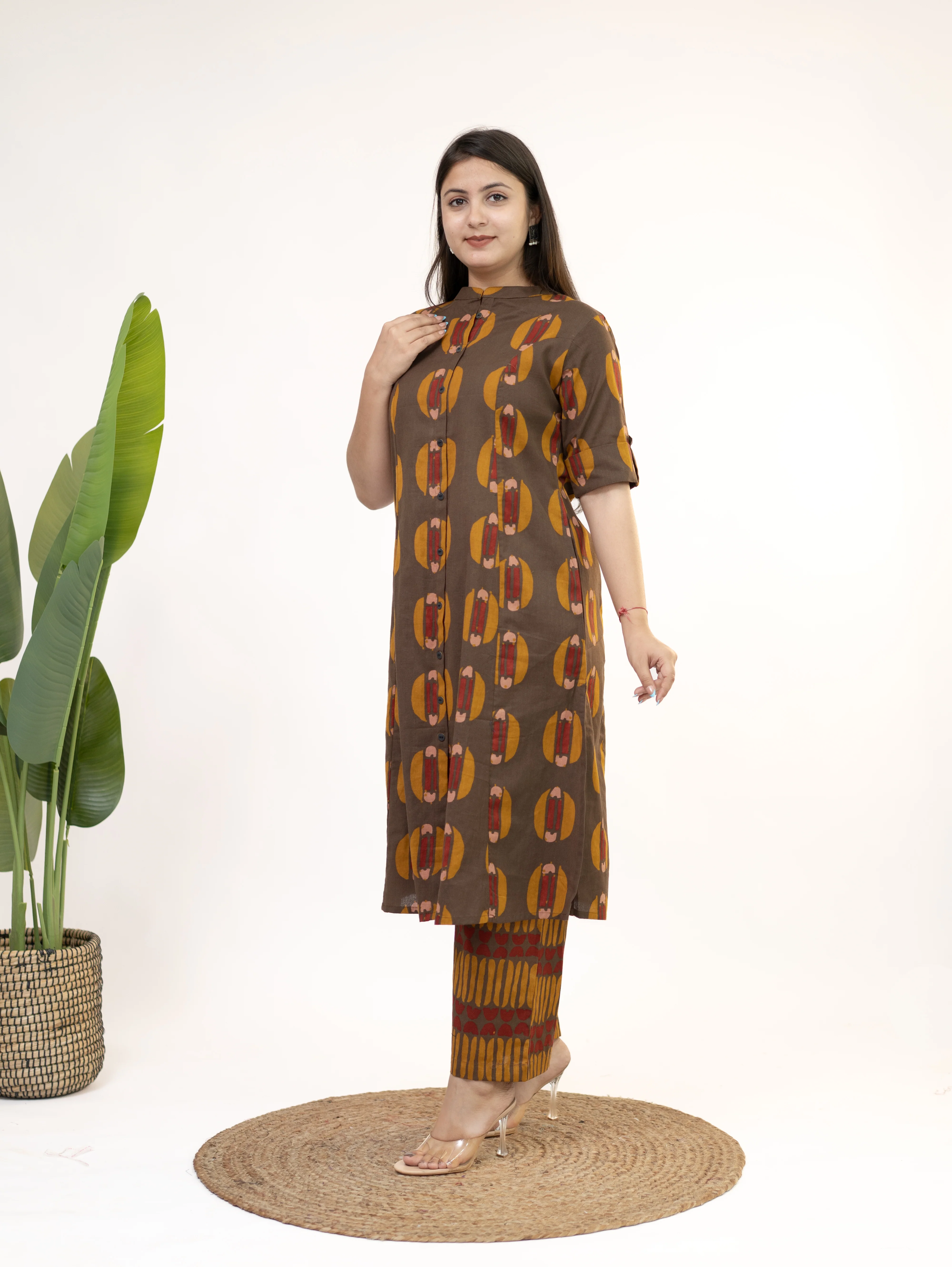 Ishani Brown Cotton A-line Kurta Set - Image 4