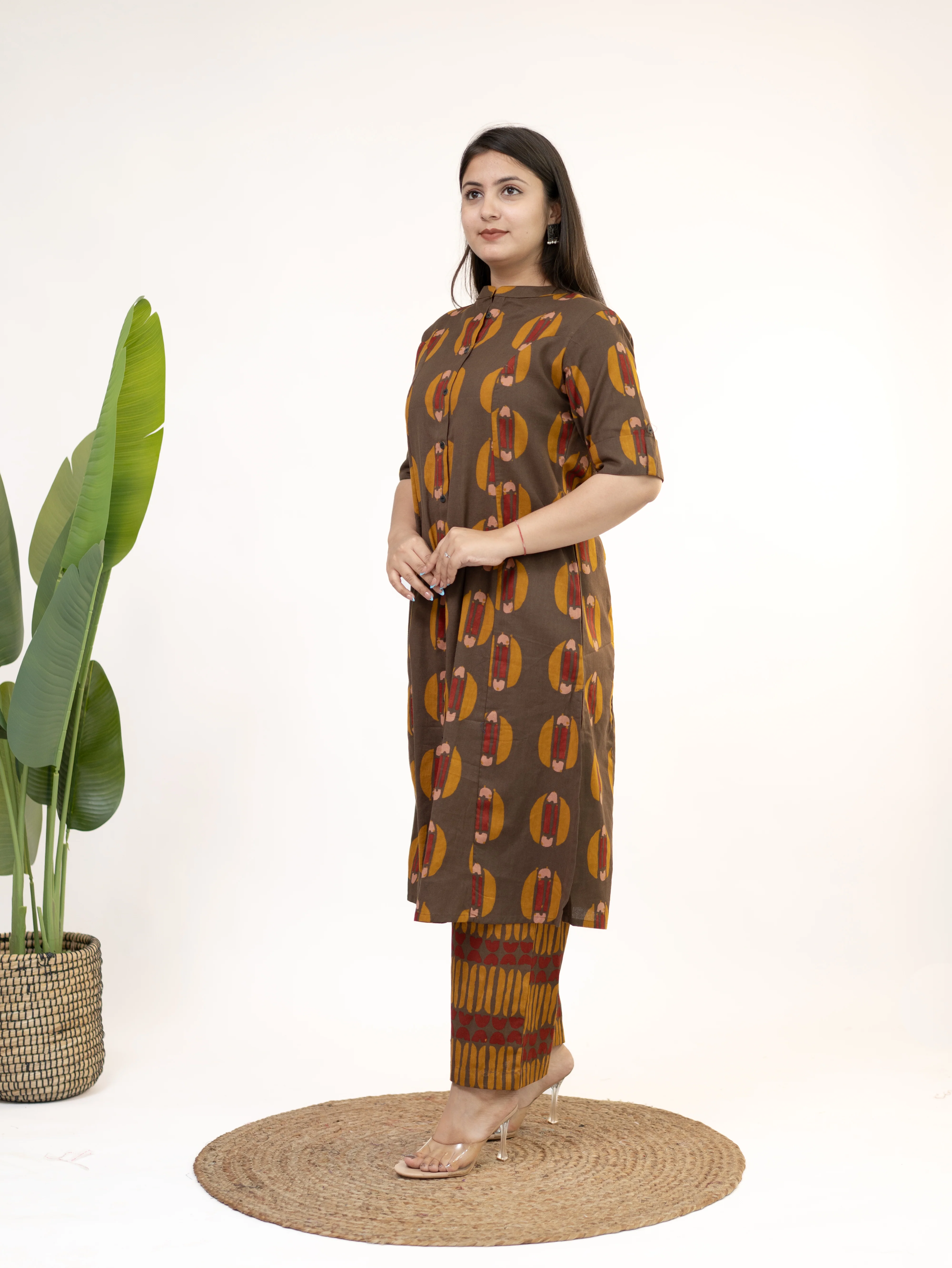 Ishani Brown Cotton A-line Kurta Set - Image 5