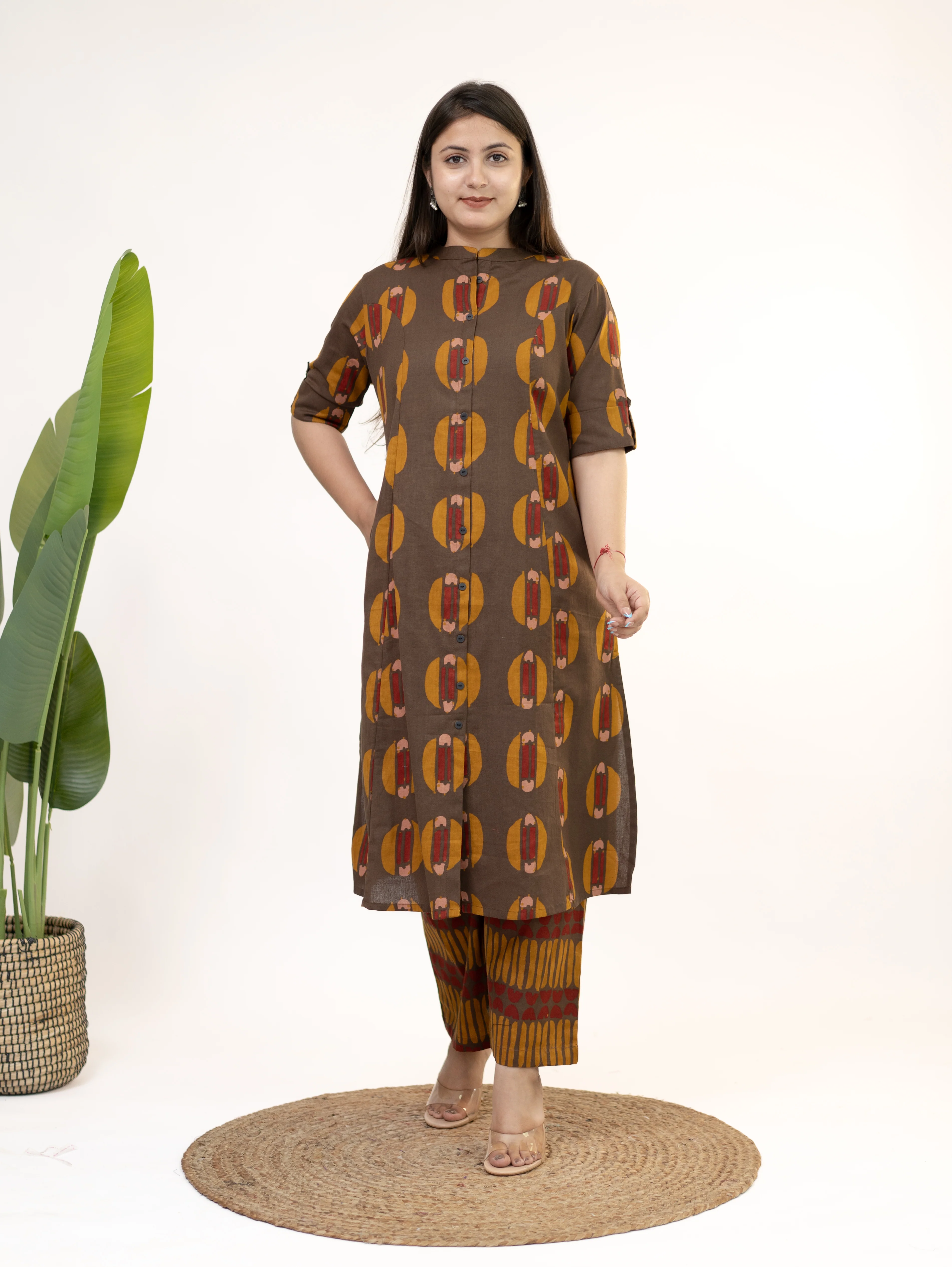 Ishani Brown Cotton A-line Kurta Set - Image 7