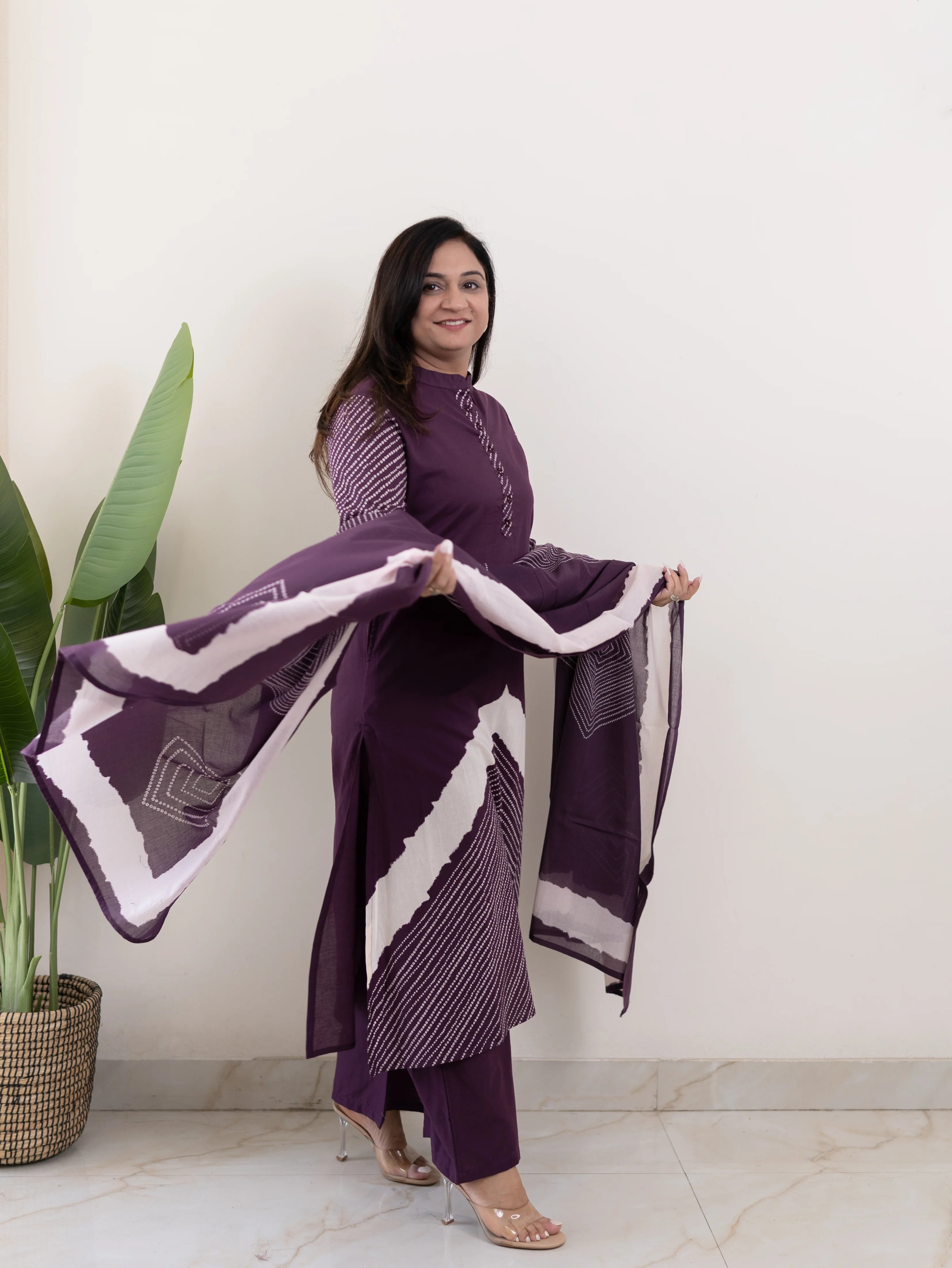 Isra Purple Cotton Bandhani Straight Dupatta Set - Image 3