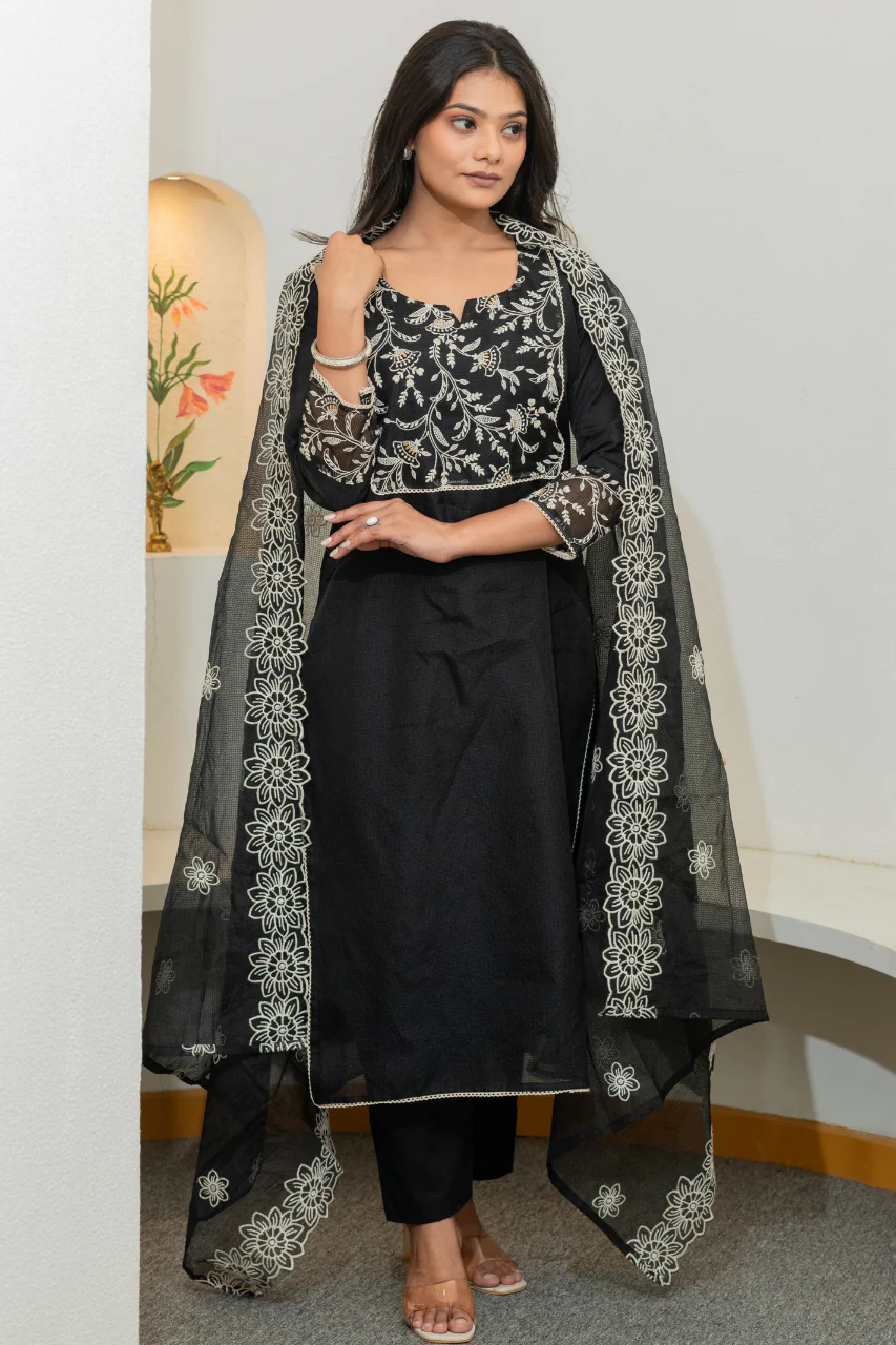 'Kajal' Kota Doria Embroidered Pant Set
