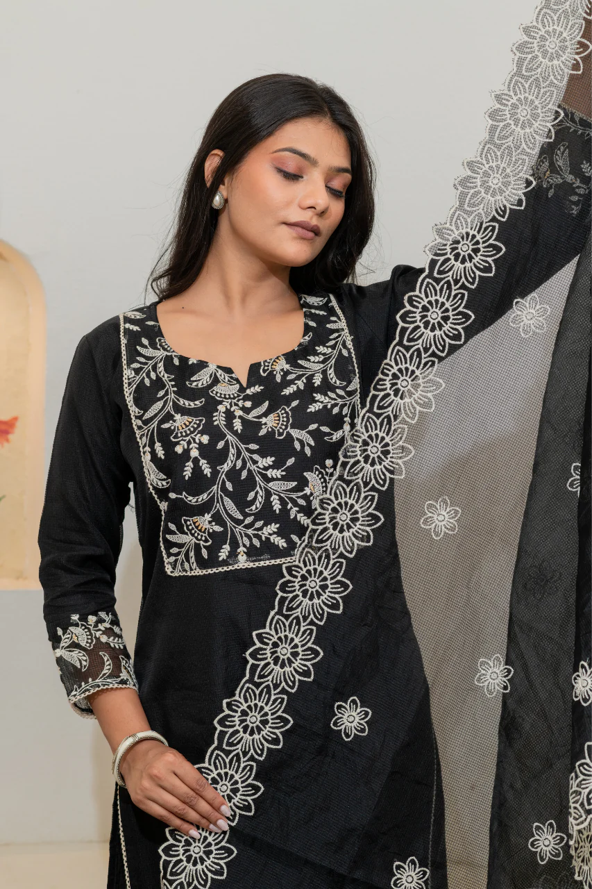 'Kajal' Kota Doria Embroidered Pant Set - Image 2