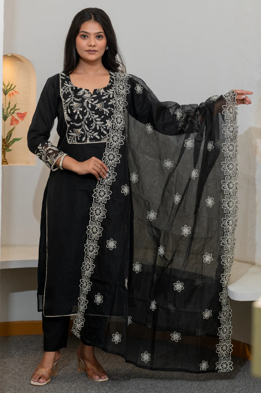 'Kajal' Kota Doria Embroidered Pant Set - Image 4