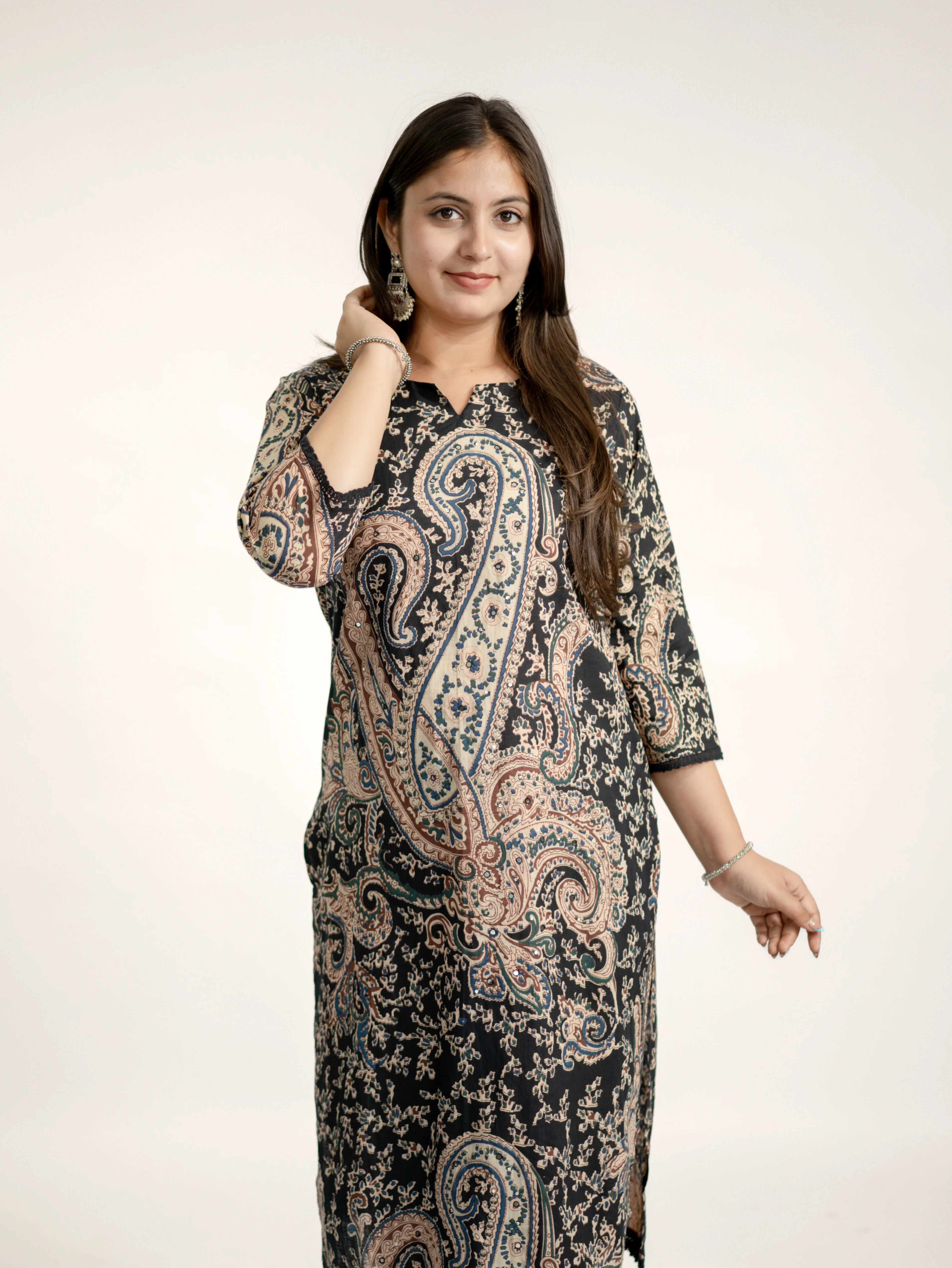 Kalamkari Embroidered Straight Cotton Kurta Set - Image 18