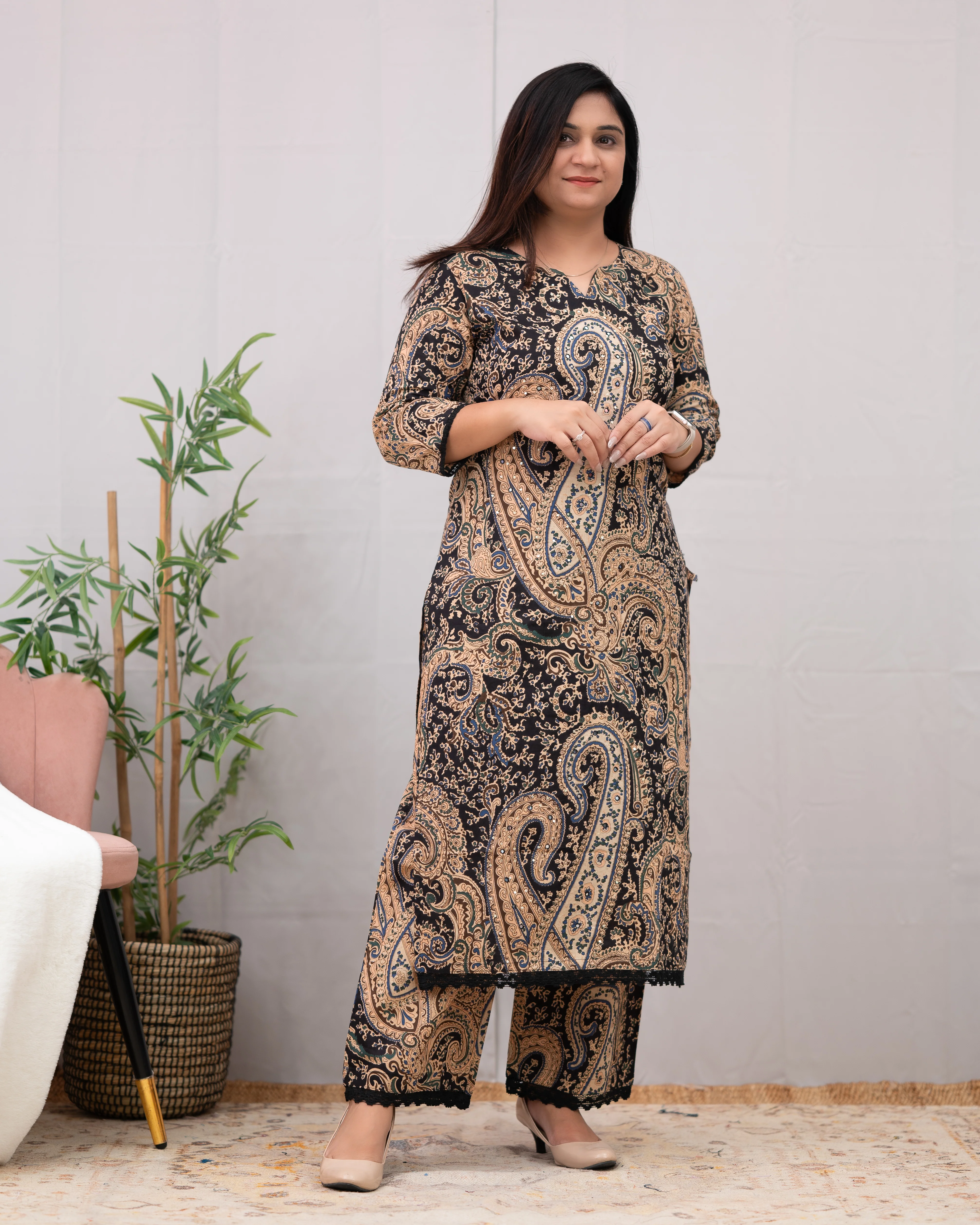 Kalamkari Embroidered Straight Cotton Kurta Set - Image 22