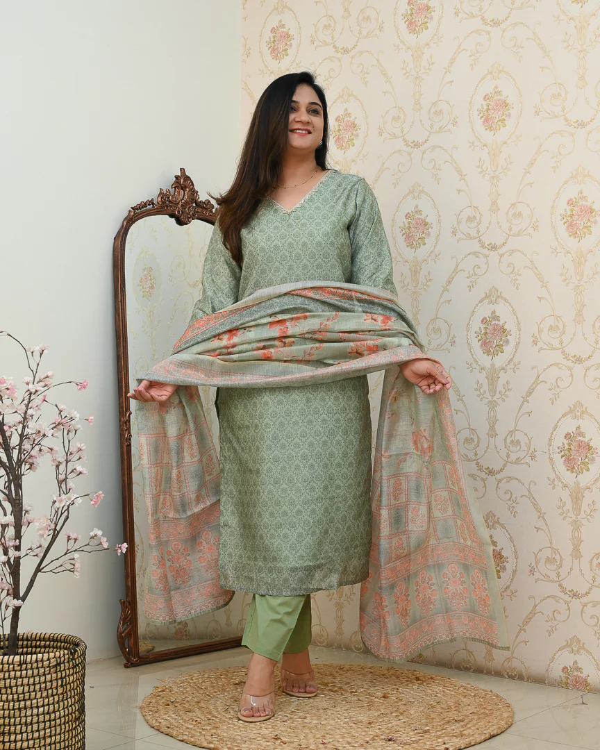 Khanak Handblock Print Embroidered Chanderi Pant Set - Image 11
