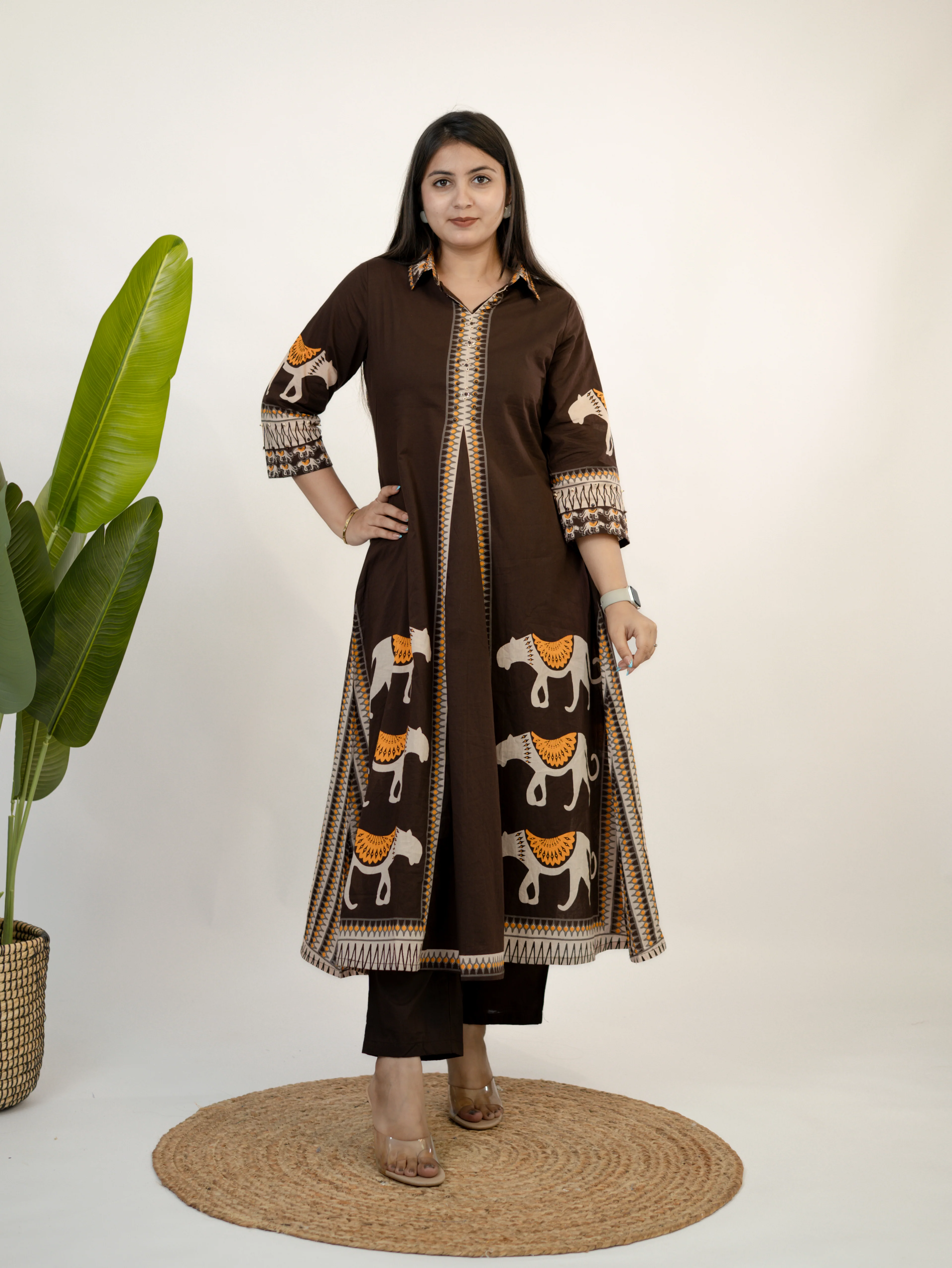 Kiara Brown Tribal Bagh Cotton BeadWork Kurta Set - Image 3
