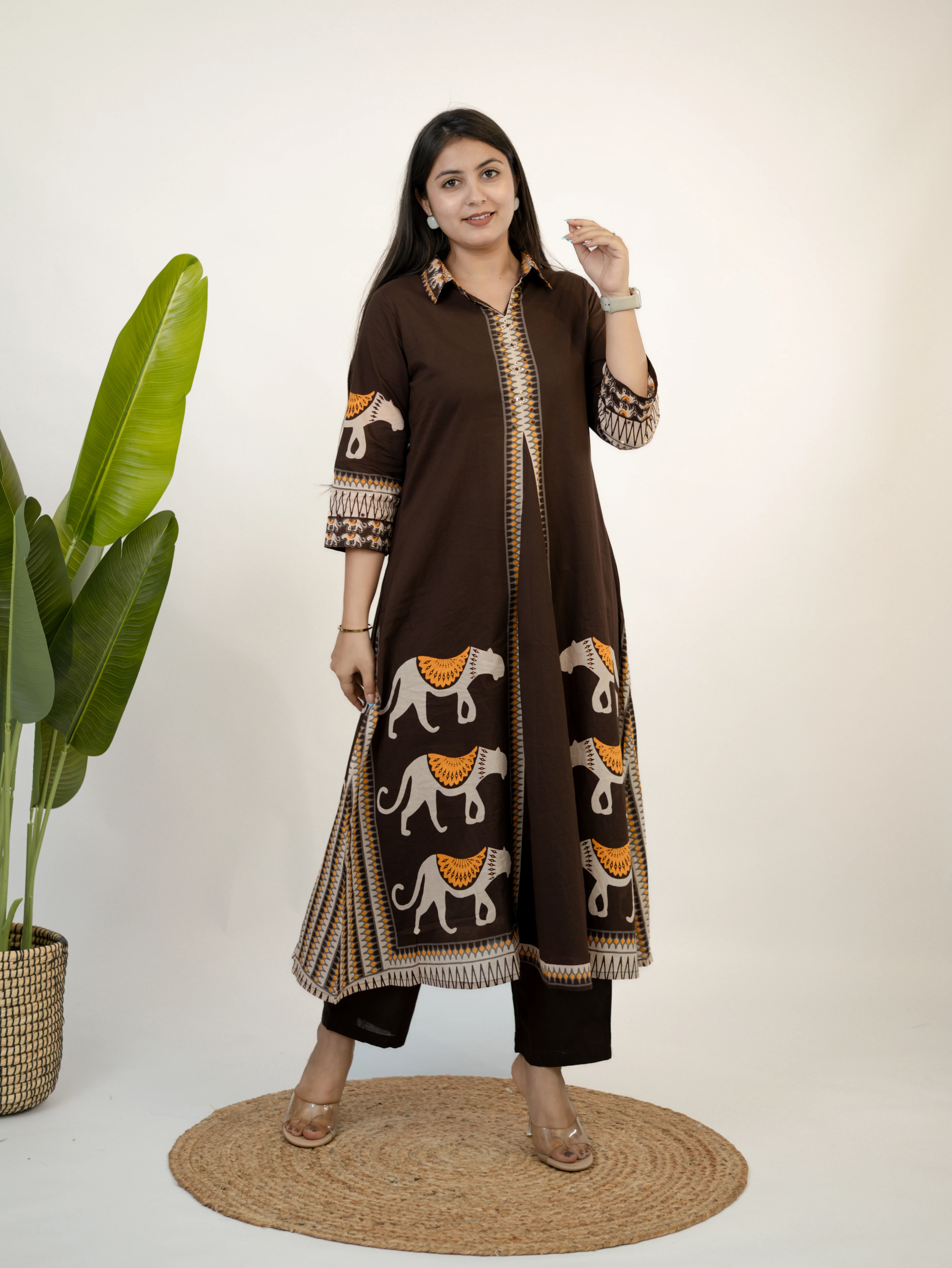 Kiara Brown Tribal Bagh Cotton BeadWork Kurta Set - Image 5