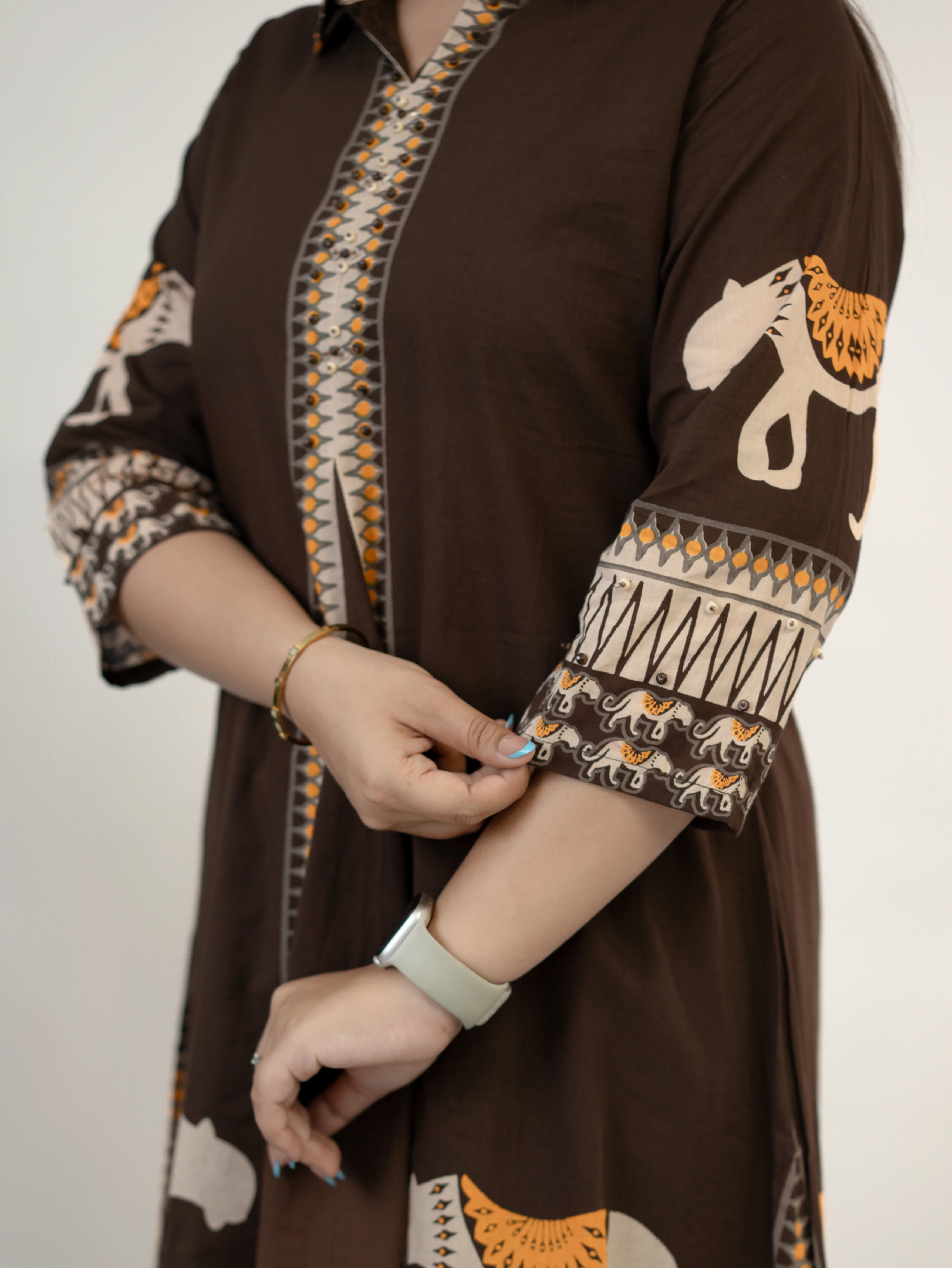 Kiara Brown Tribal Bagh Cotton BeadWork Kurta Set - Image 9