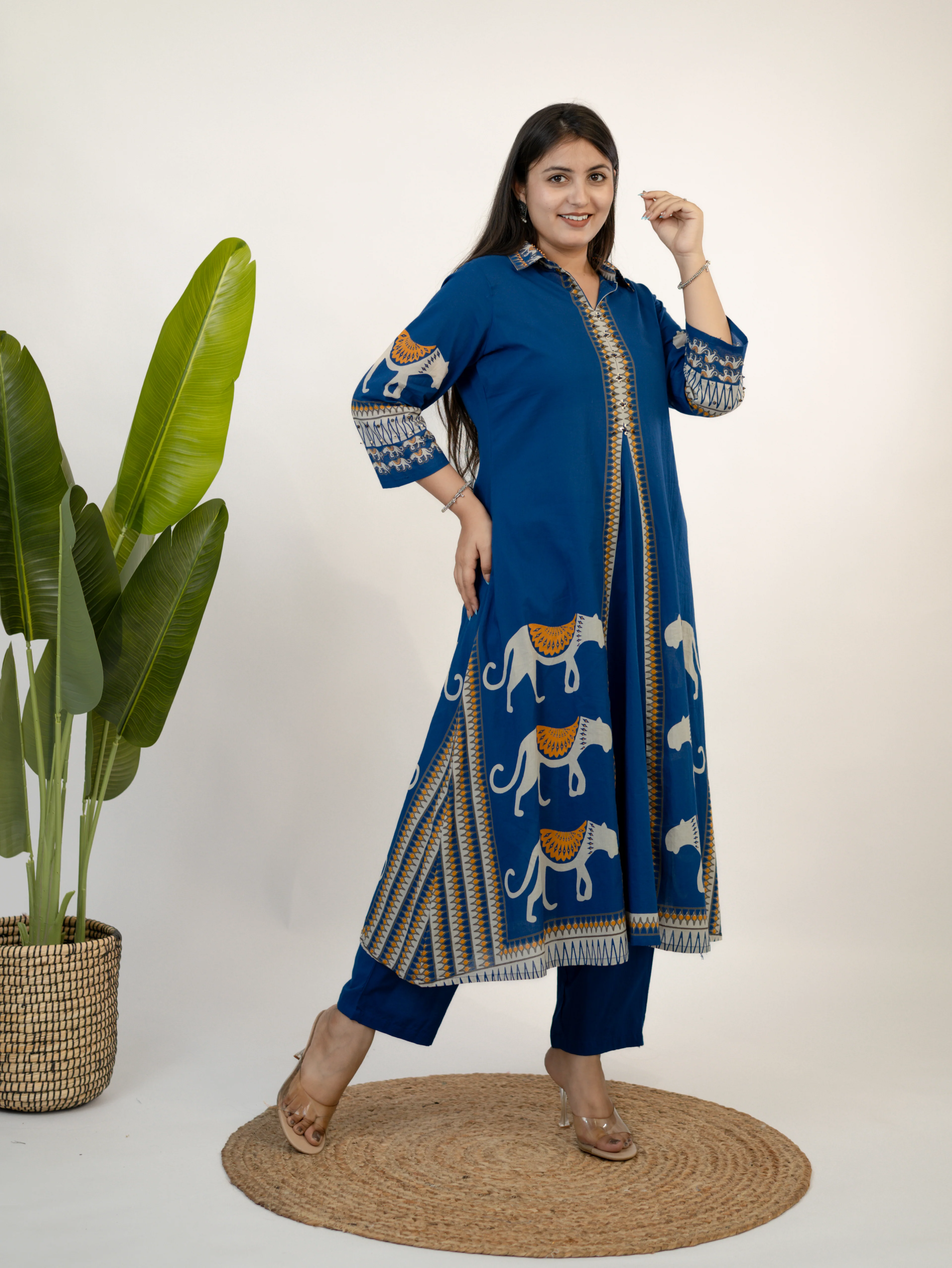 Kiara Blue Tribal Bagh Cotton BeadWork Kurta Set - Image 3