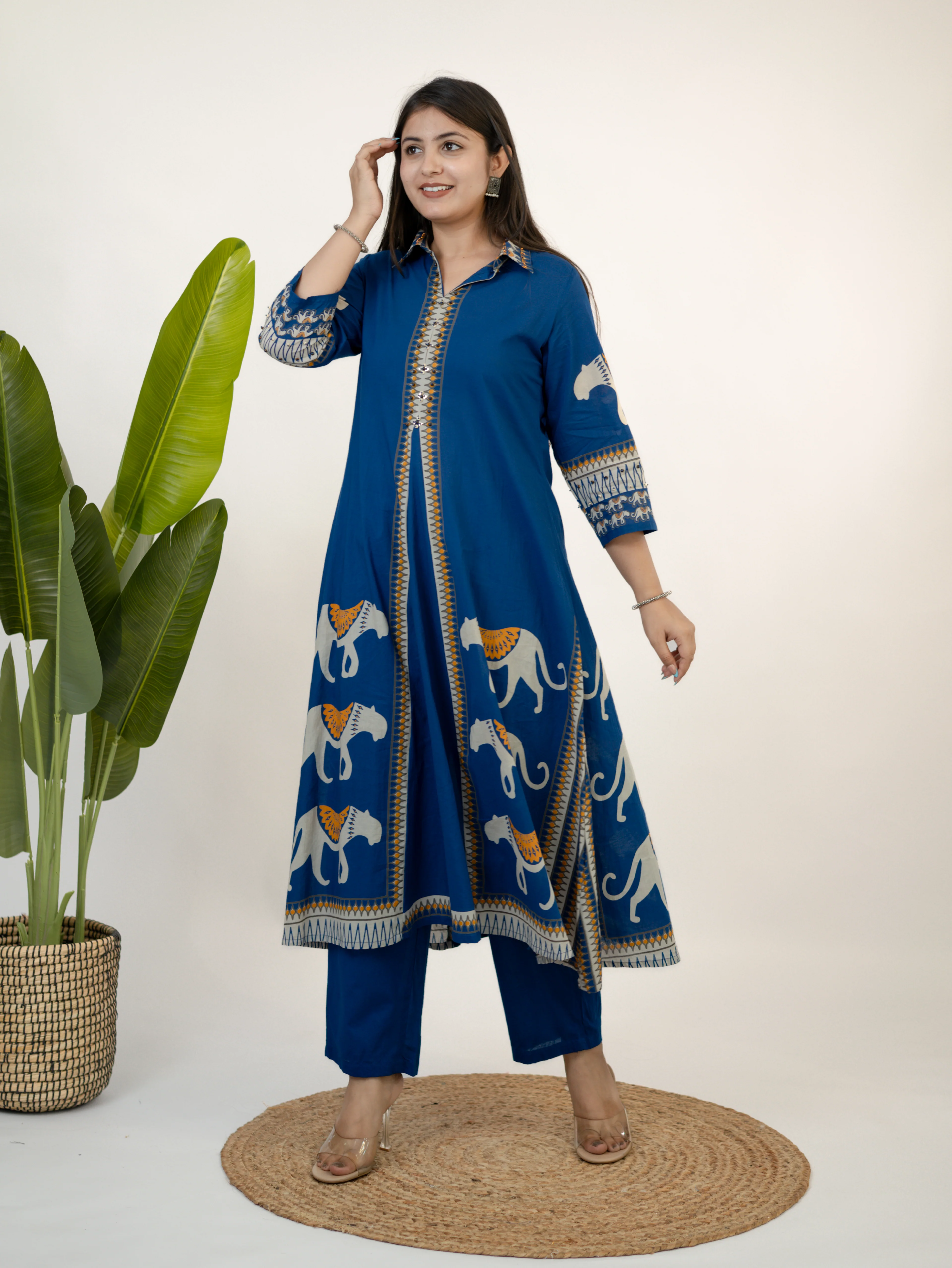 Kiara Blue Tribal Bagh Cotton BeadWork Kurta Set - Image 5