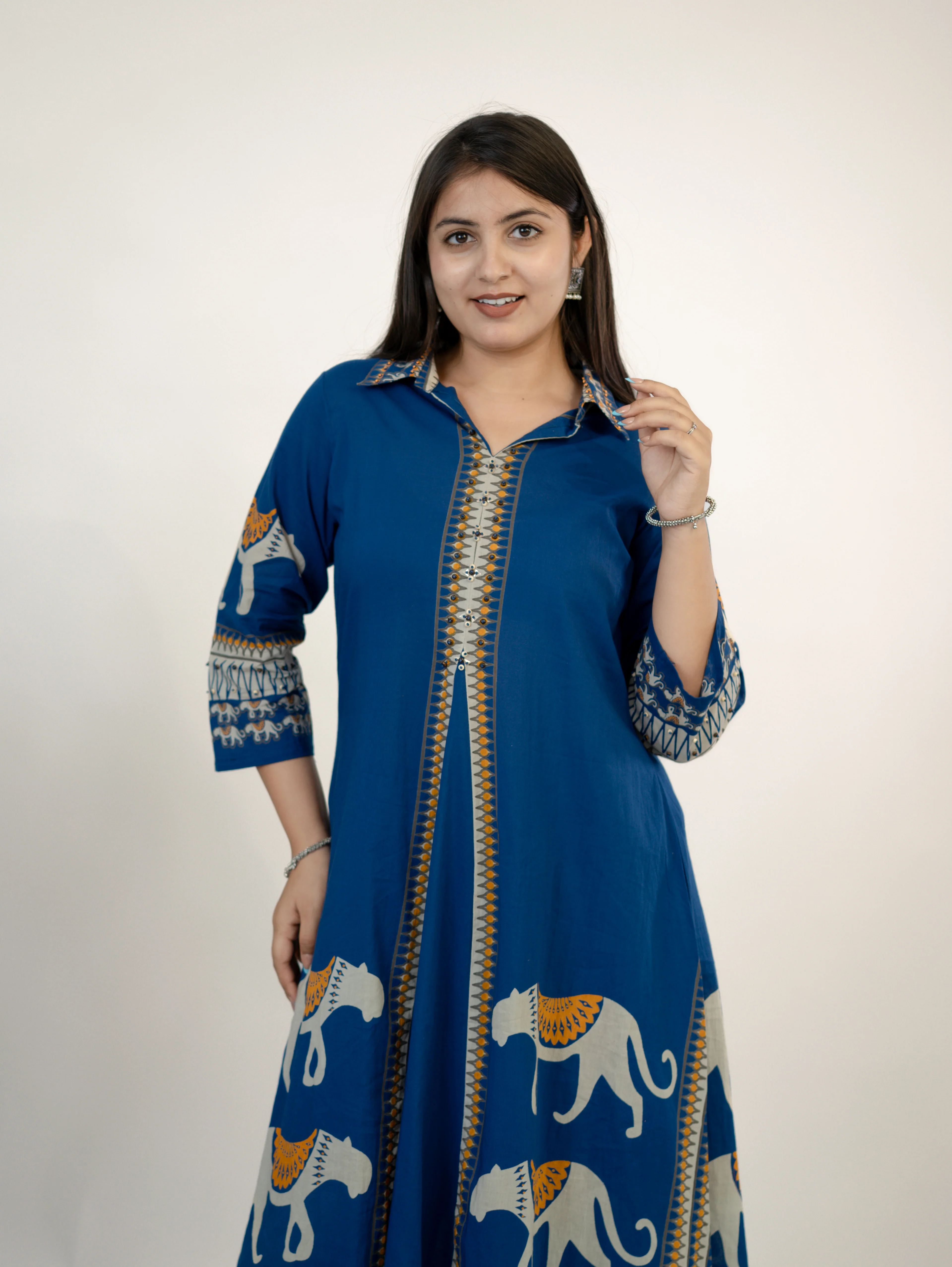 Kiara Blue Tribal Bagh Cotton BeadWork Kurta Set - Image 6