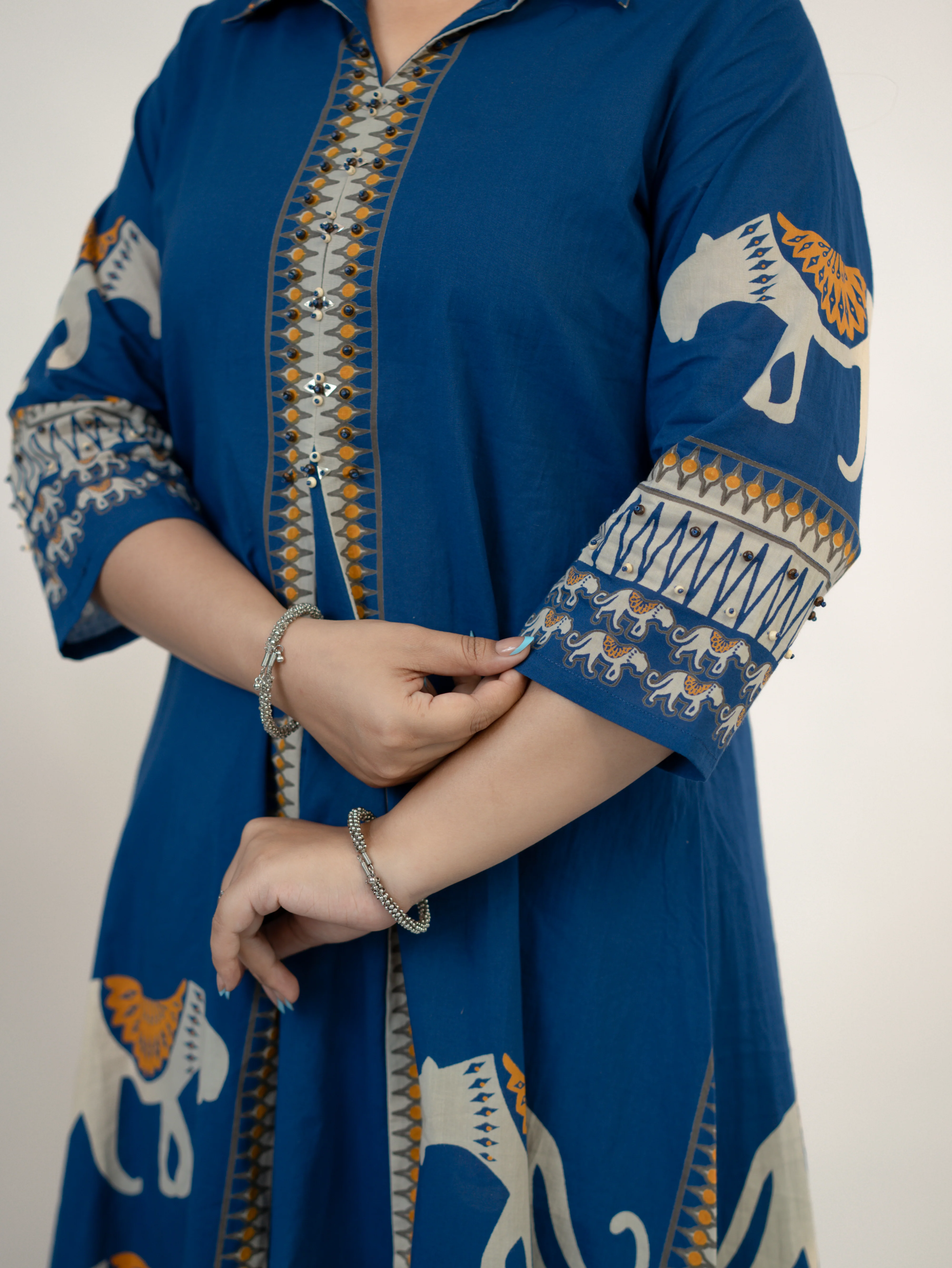 Kiara Blue Tribal Bagh Cotton BeadWork Kurta Set - Image 7