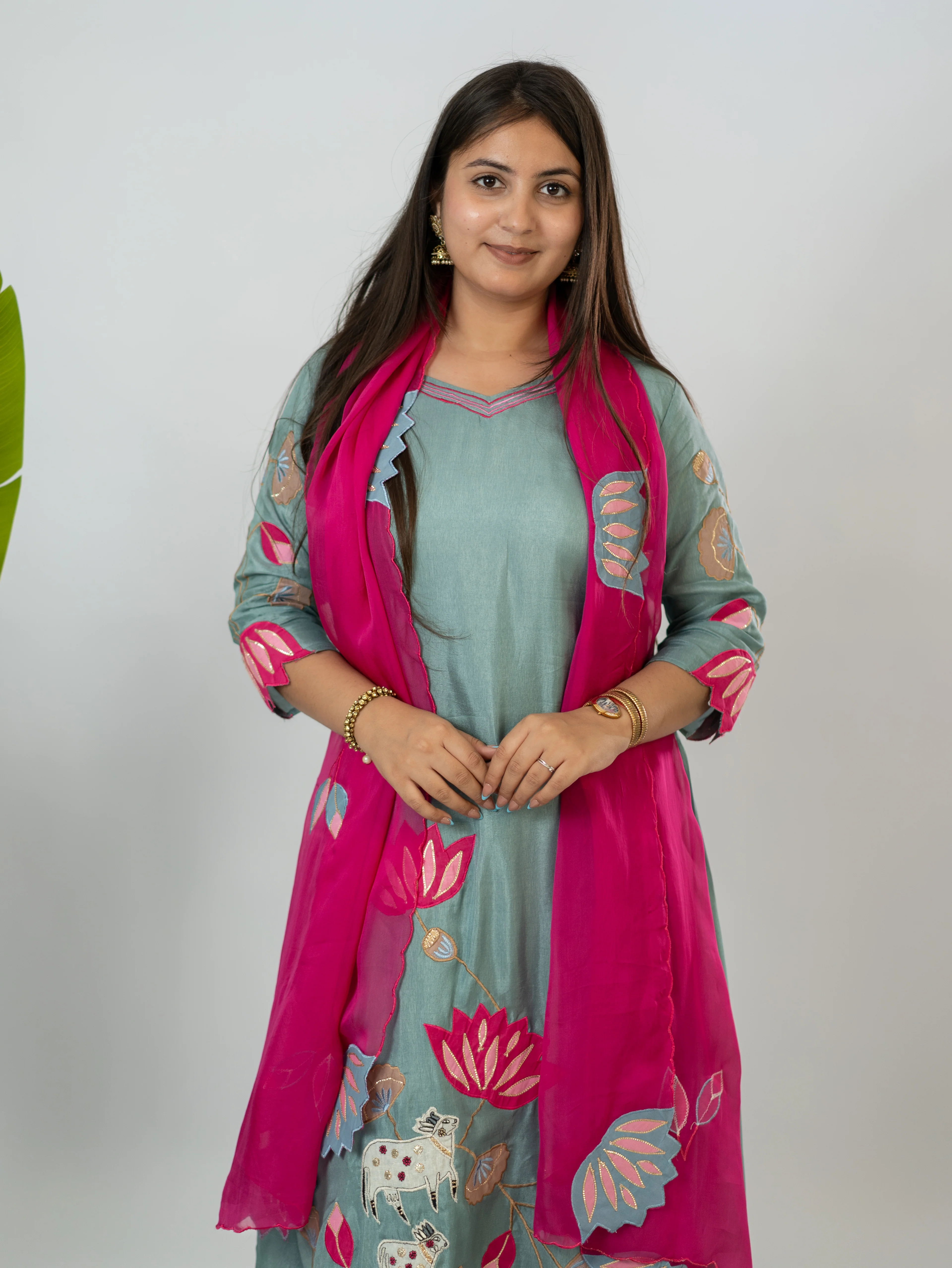 Kiara Grey Russian Silk A-line Applique Deatiled Dupatta Set - Image 10