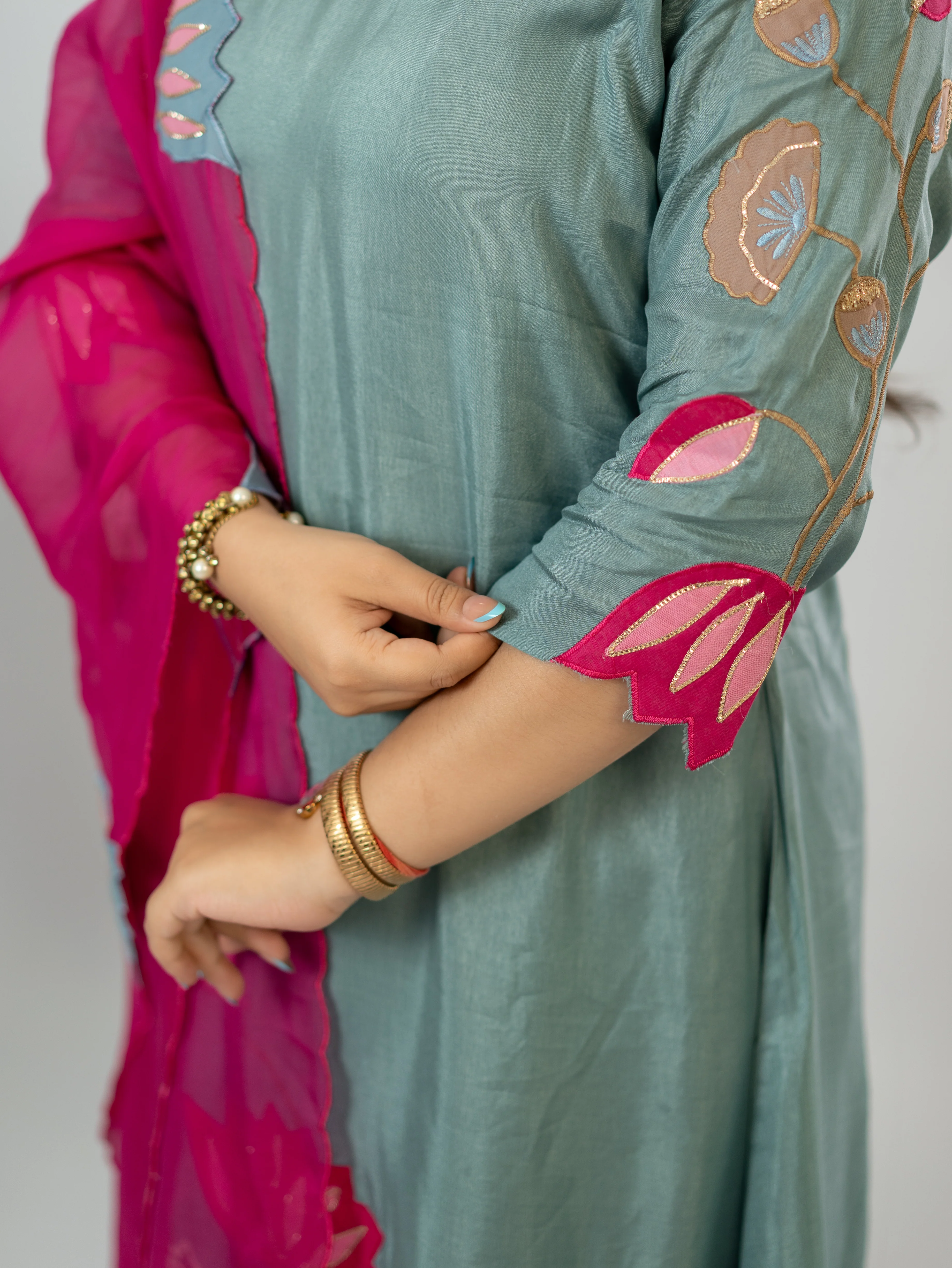 Kiara Grey Russian Silk A-line Applique Deatiled Dupatta Set - Image 11