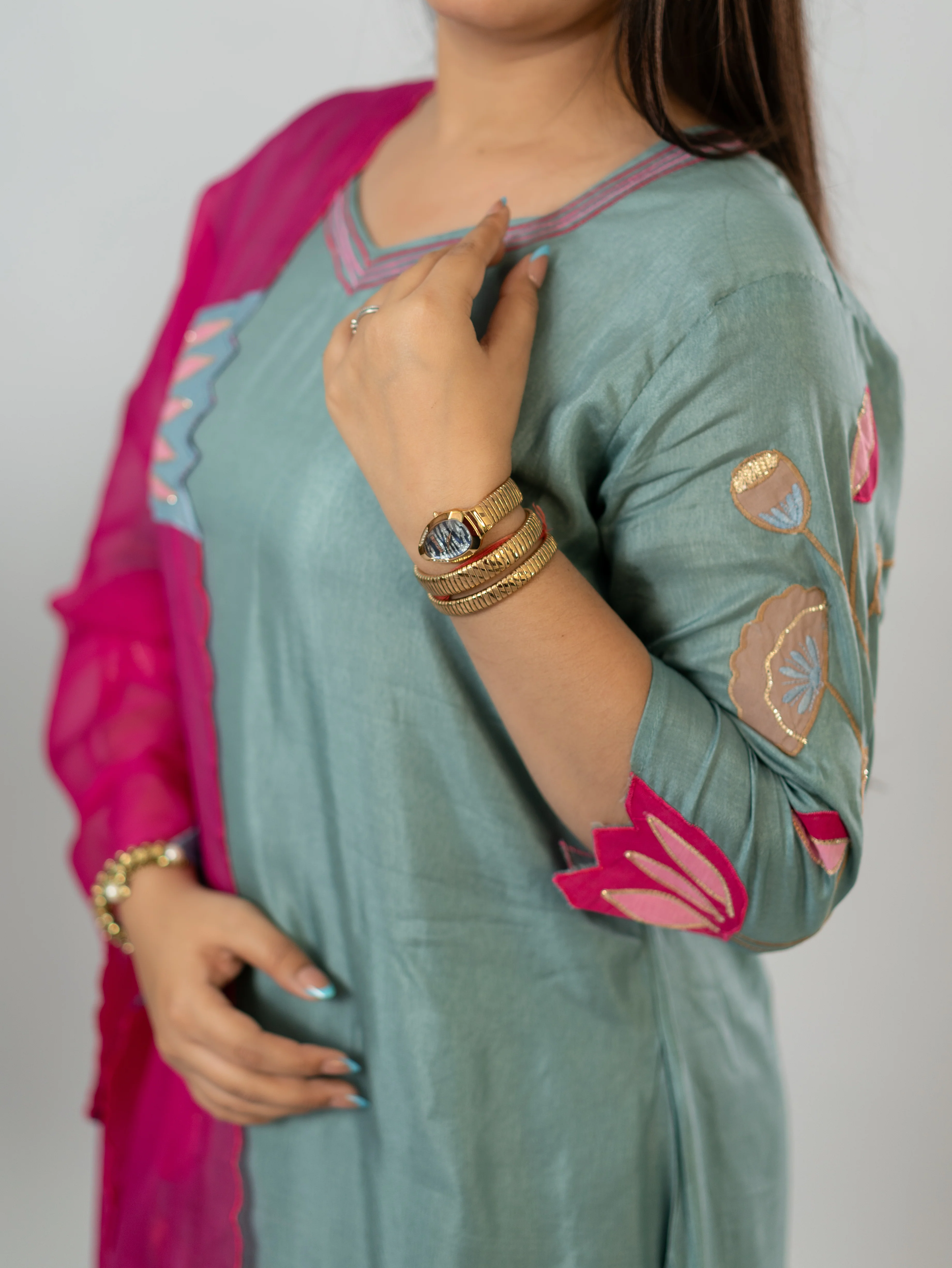 Kiara Grey Russian Silk A-line Applique Deatiled Dupatta Set - Image 12