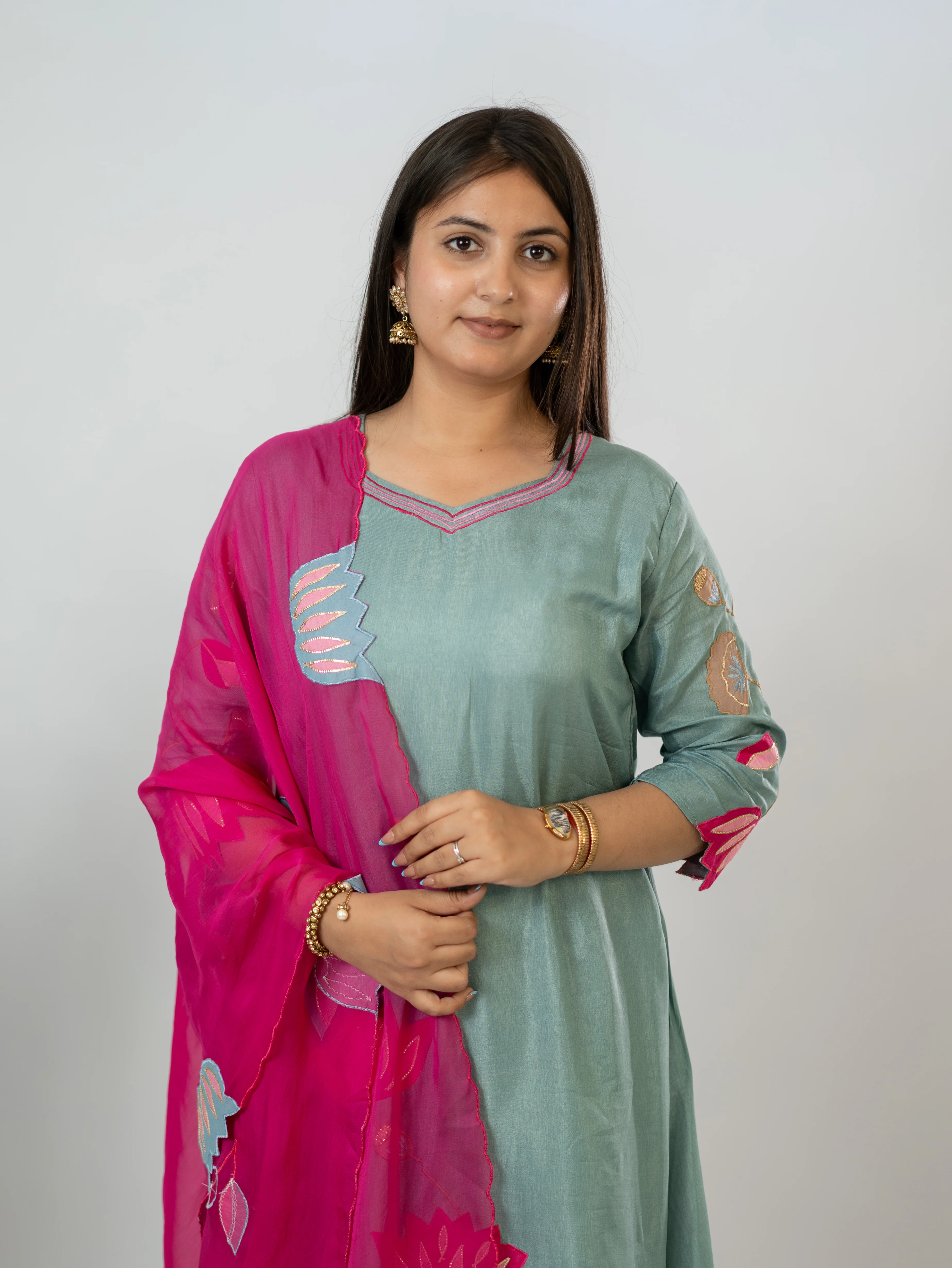 Kiara Grey Russian Silk A-line Applique Deatiled Dupatta Set - Image 13
