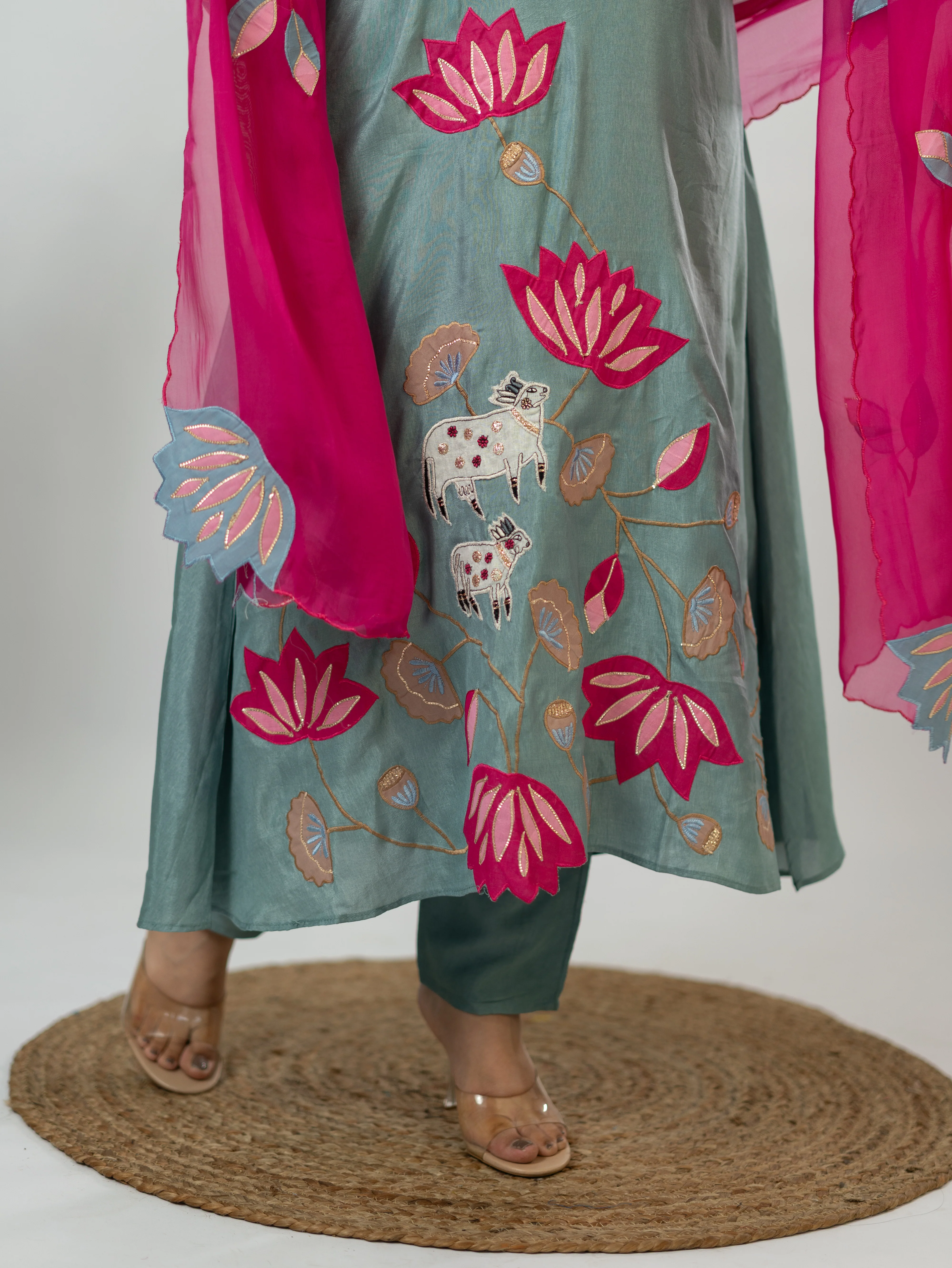 Kiara Grey Russian Silk A-line Applique Deatiled Dupatta Set - Image 14