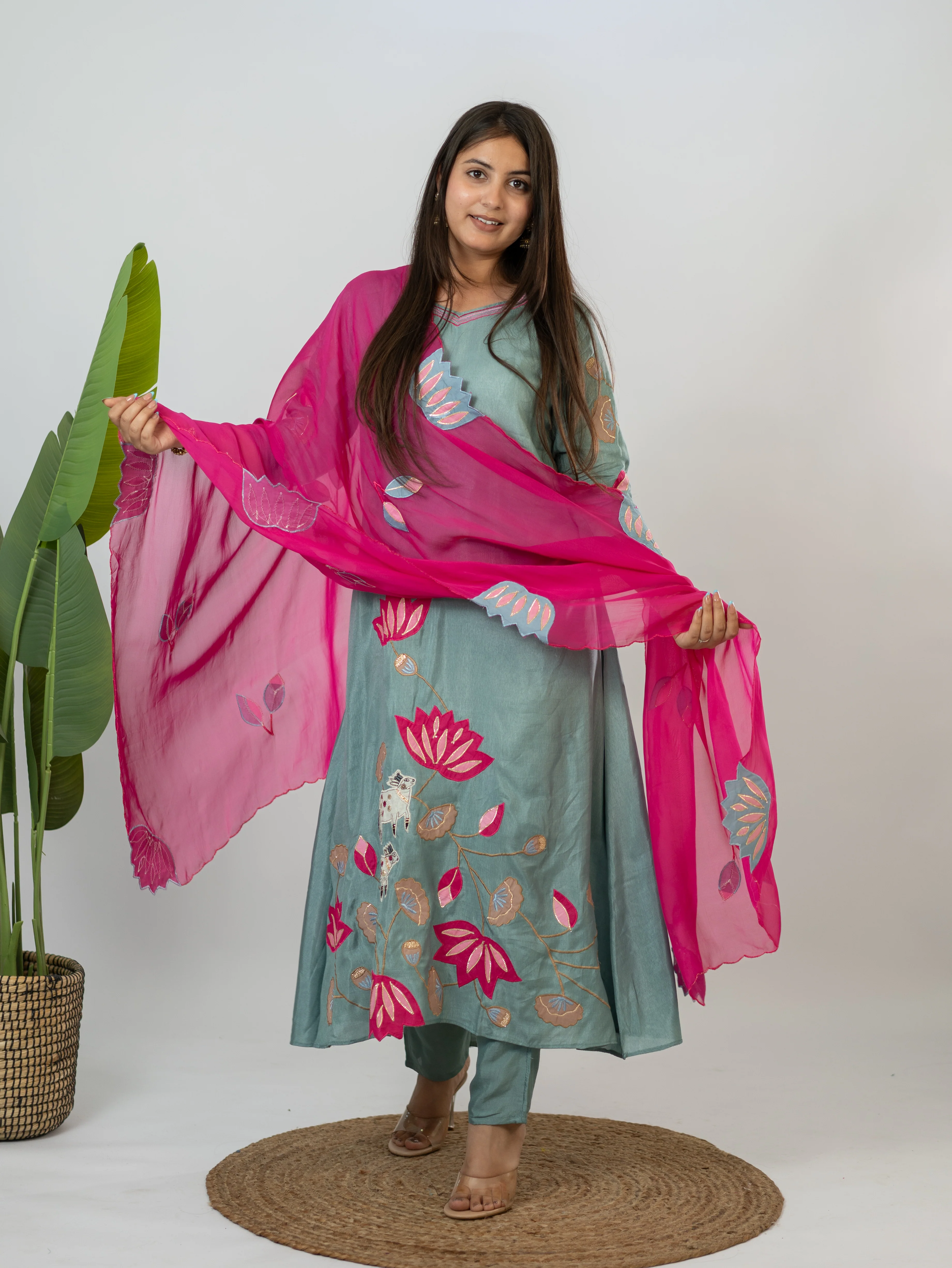 Kiara Grey Russian Silk A-line Applique Deatiled Dupatta Set - Image 3