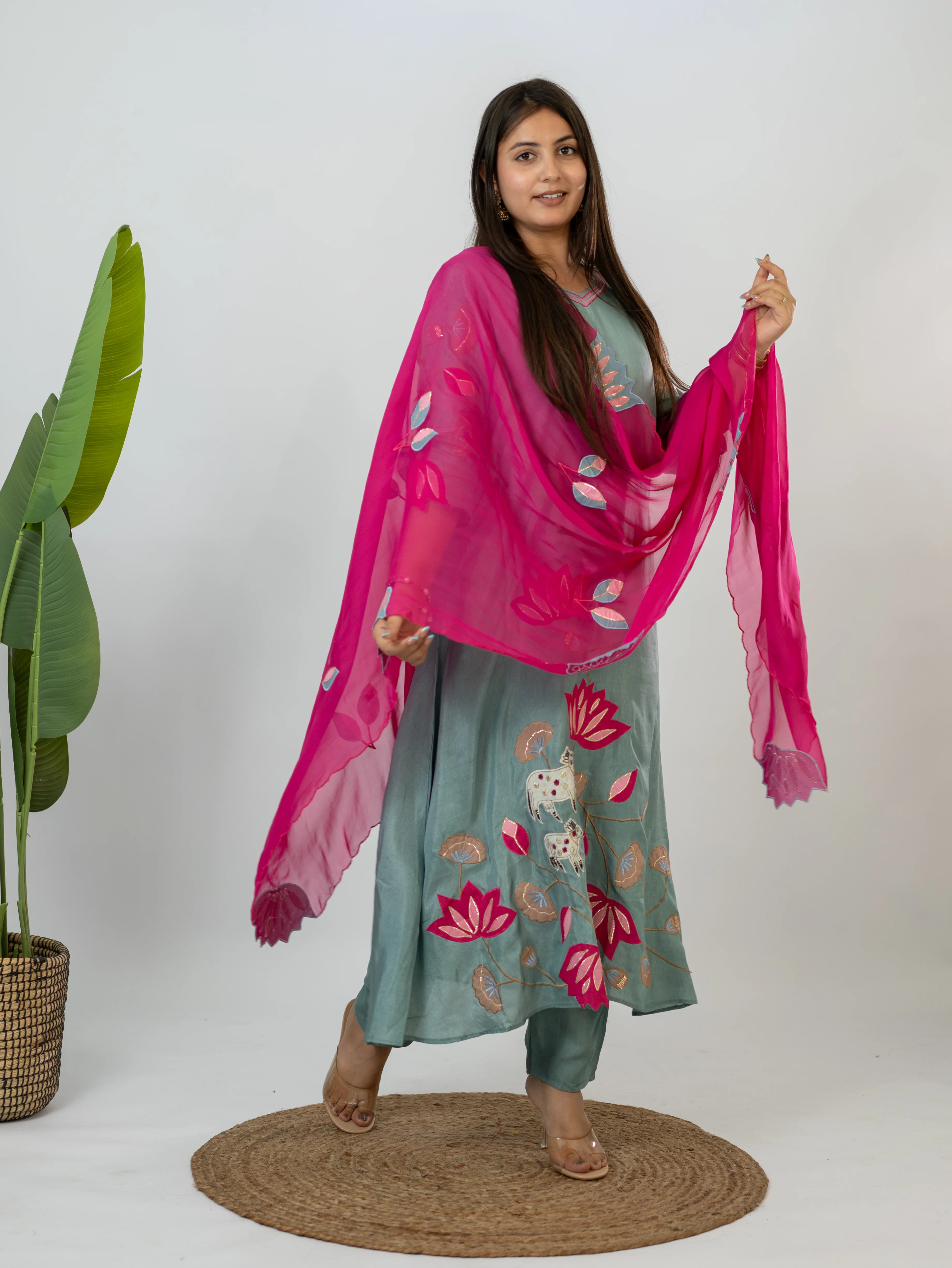 Kiara Grey Russian Silk A-line Applique Deatiled Dupatta Set - Image 4