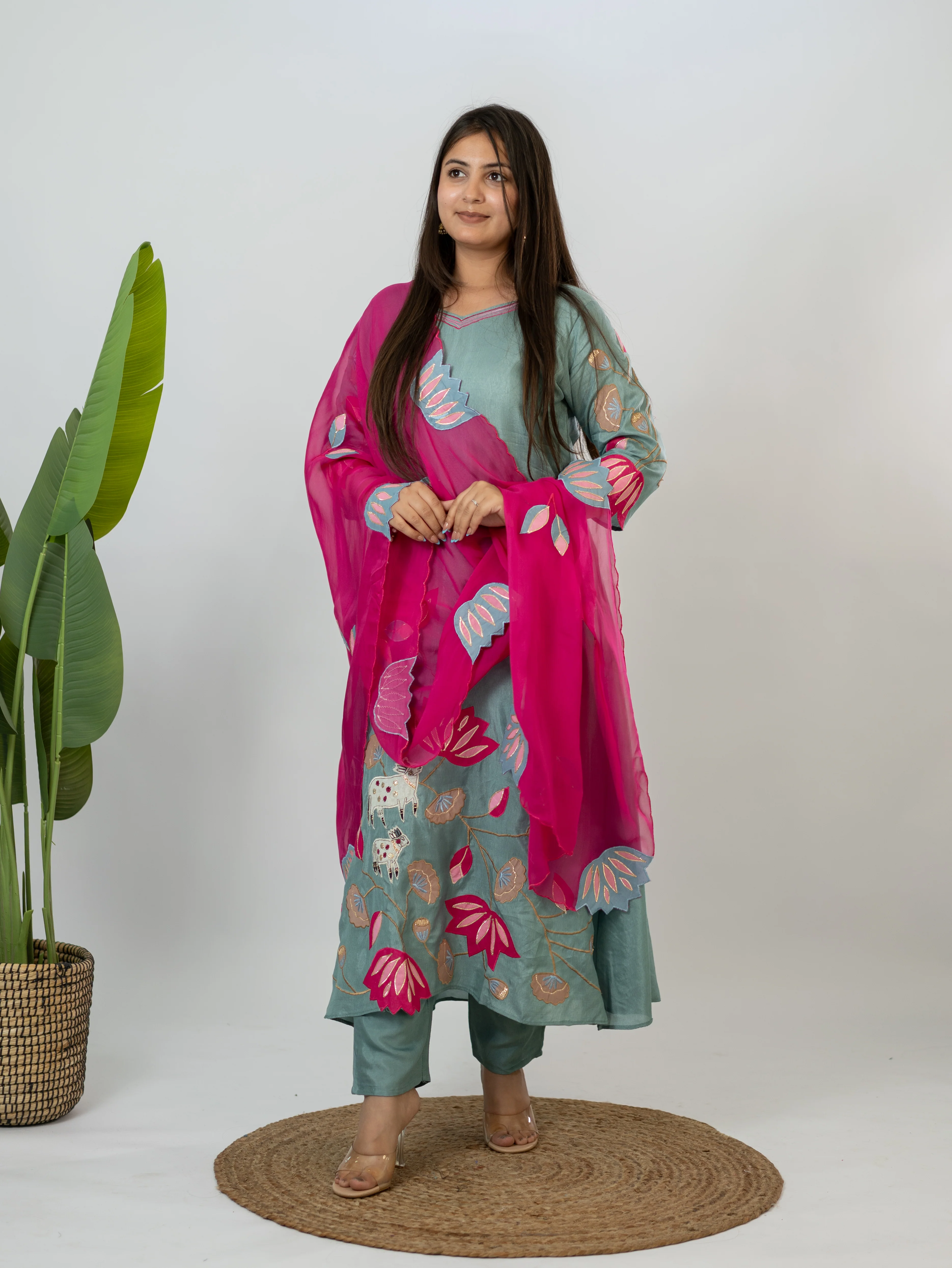 Kiara Grey Russian Silk A-line Applique Deatiled Dupatta Set - Image 5