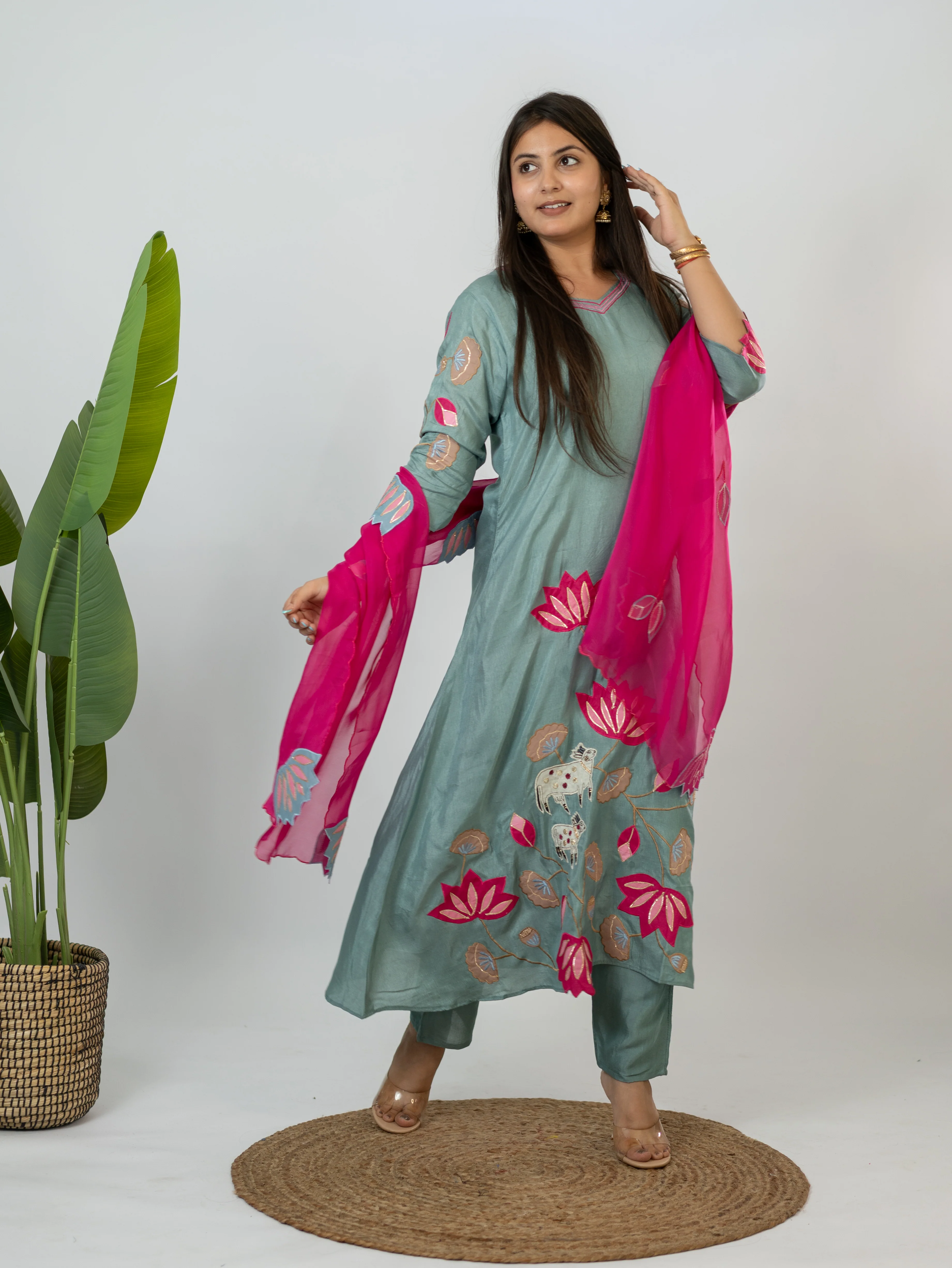 Kiara Grey Russian Silk A-line Applique Deatiled Dupatta Set - Image 6