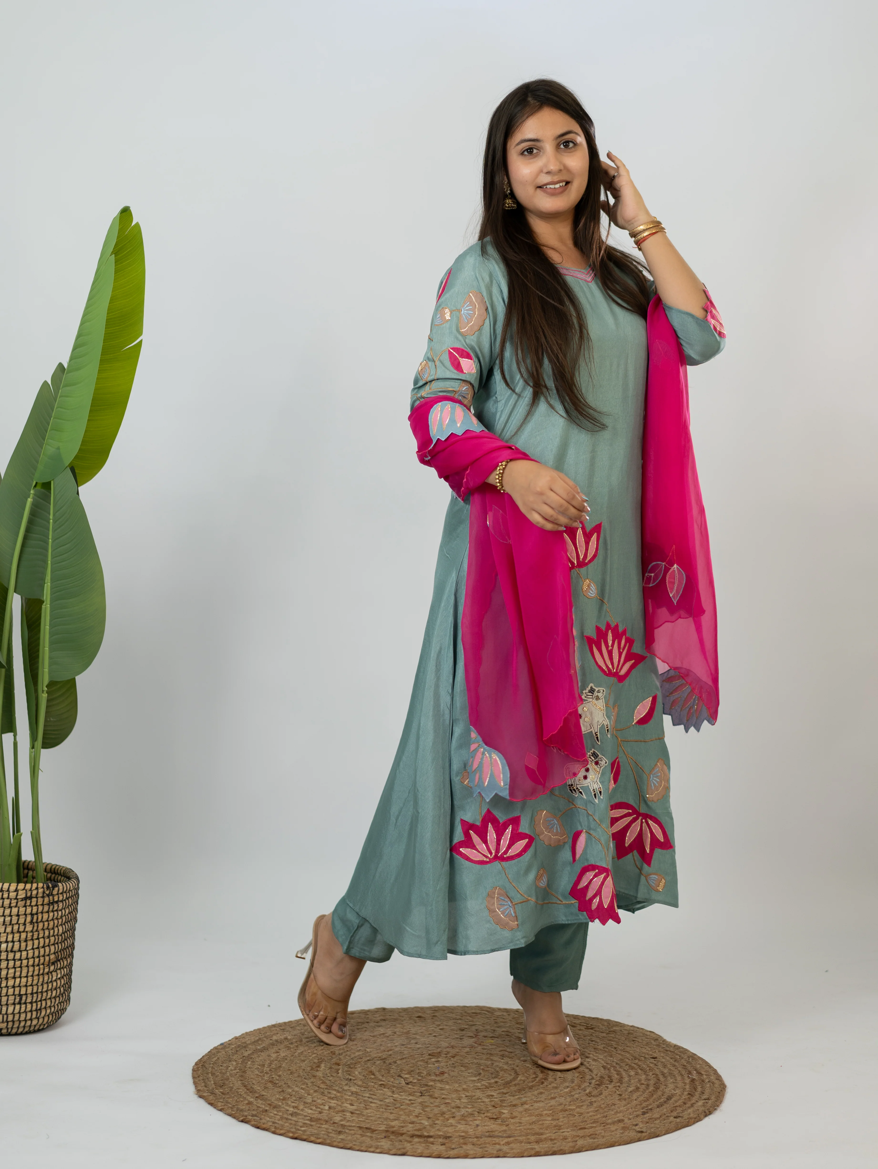 Kiara Grey Russian Silk A-line Applique Deatiled Dupatta Set - Image 7