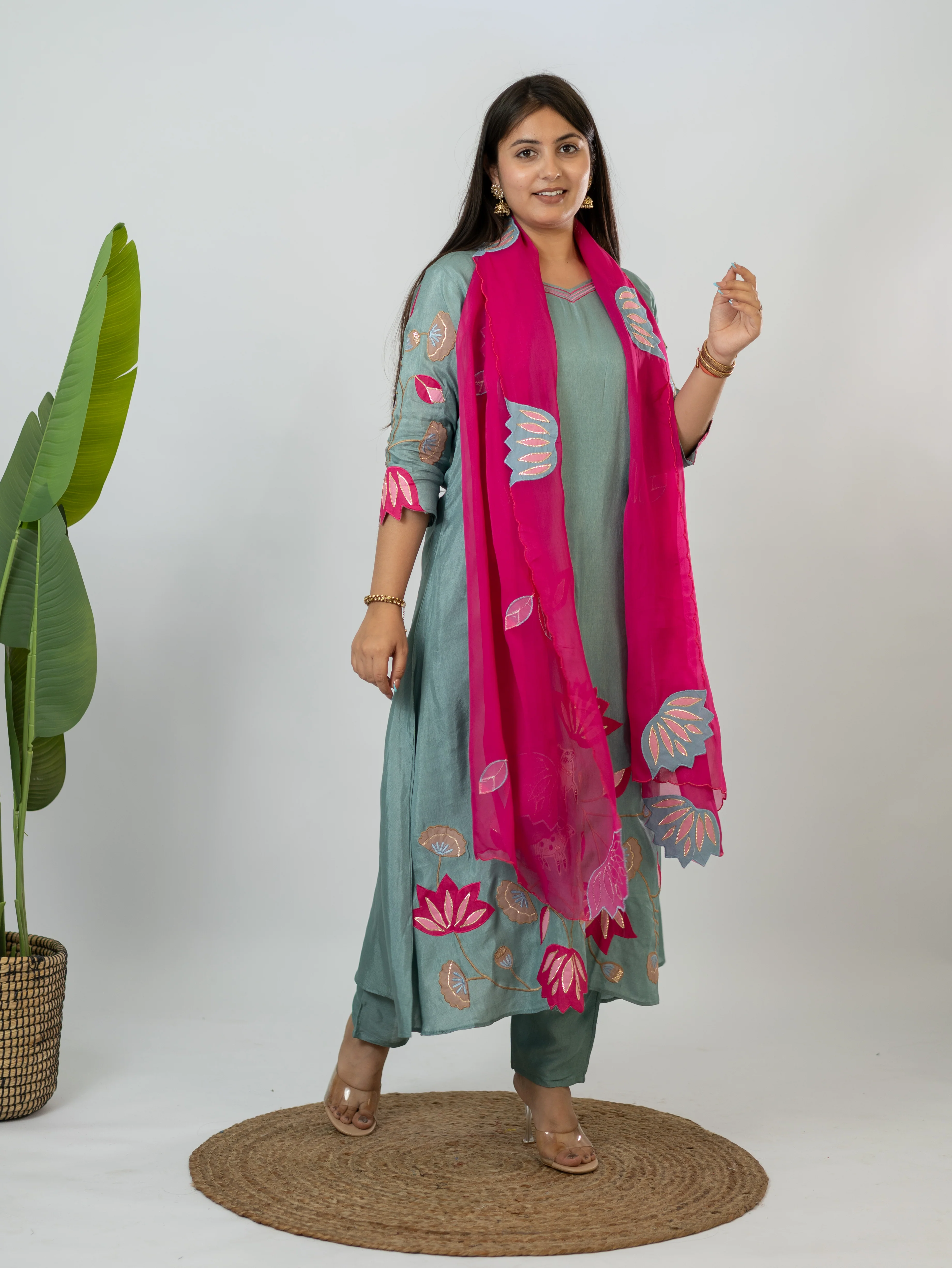 Kiara Grey Russian Silk A-line Applique Deatiled Dupatta Set - Image 8