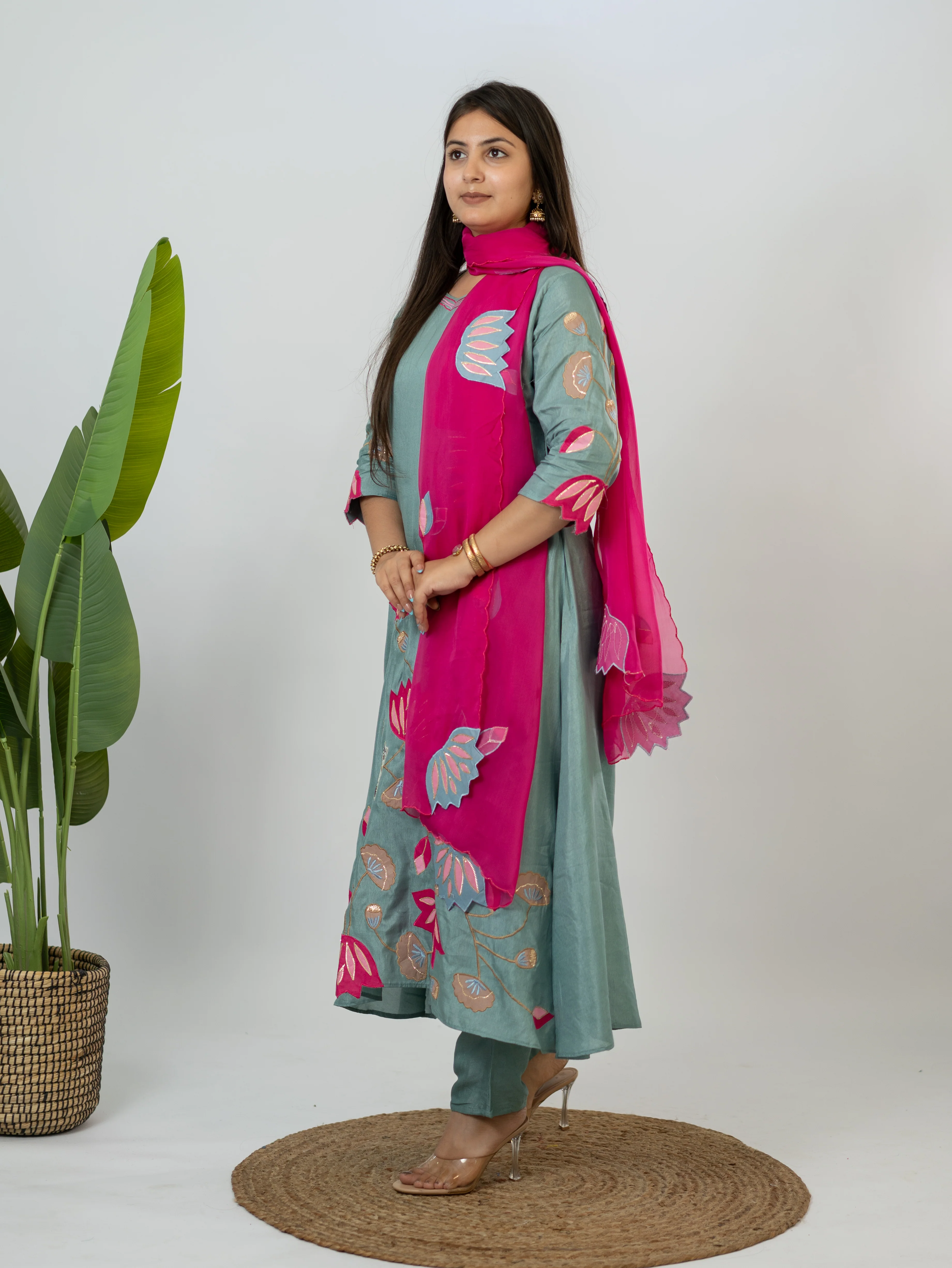Kiara Grey Russian Silk A-line Applique Deatiled Dupatta Set - Image 9