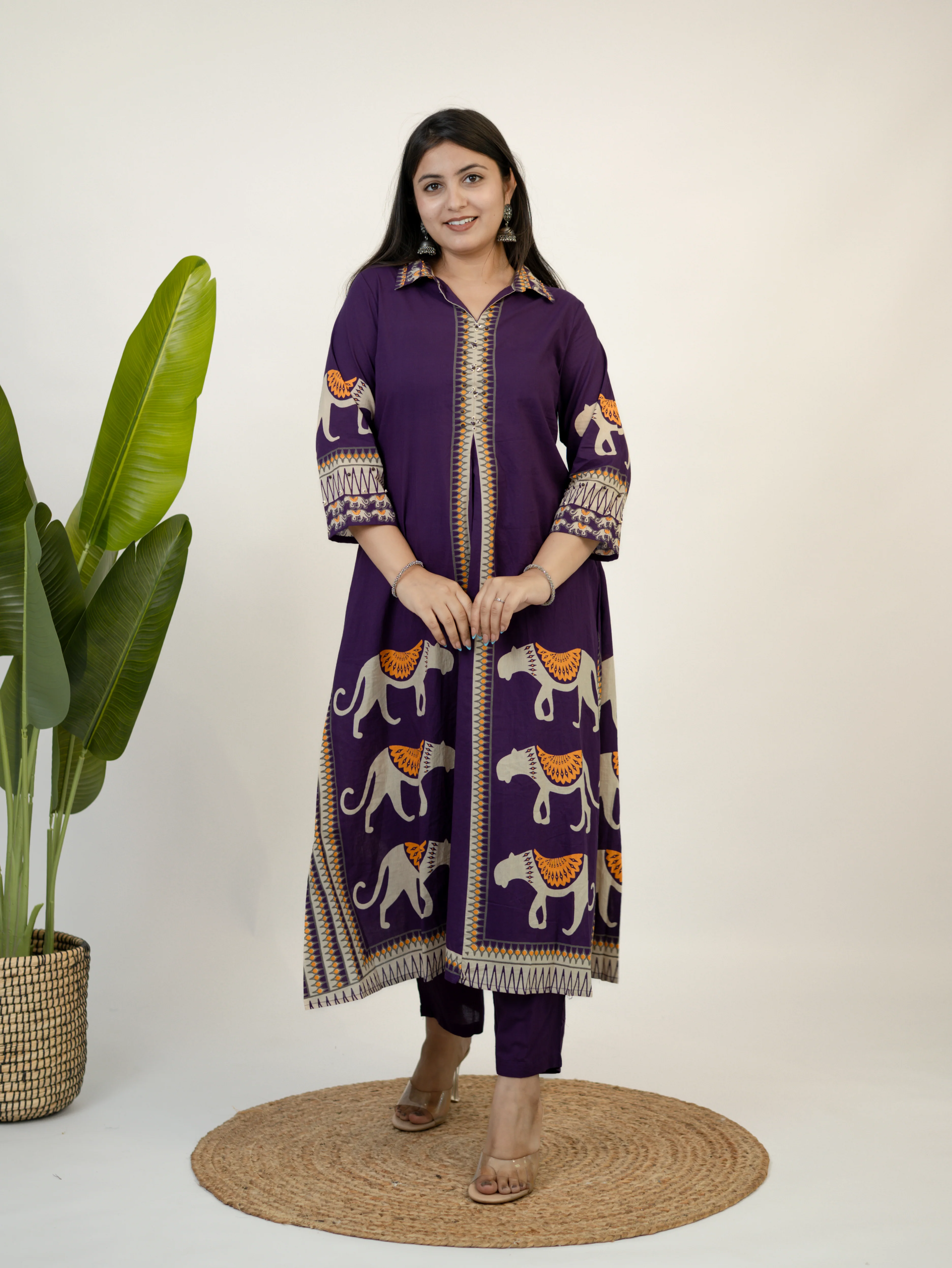 Kiara Purple Tribal Bagh Cotton BeadWork Kurta Set - Image 3