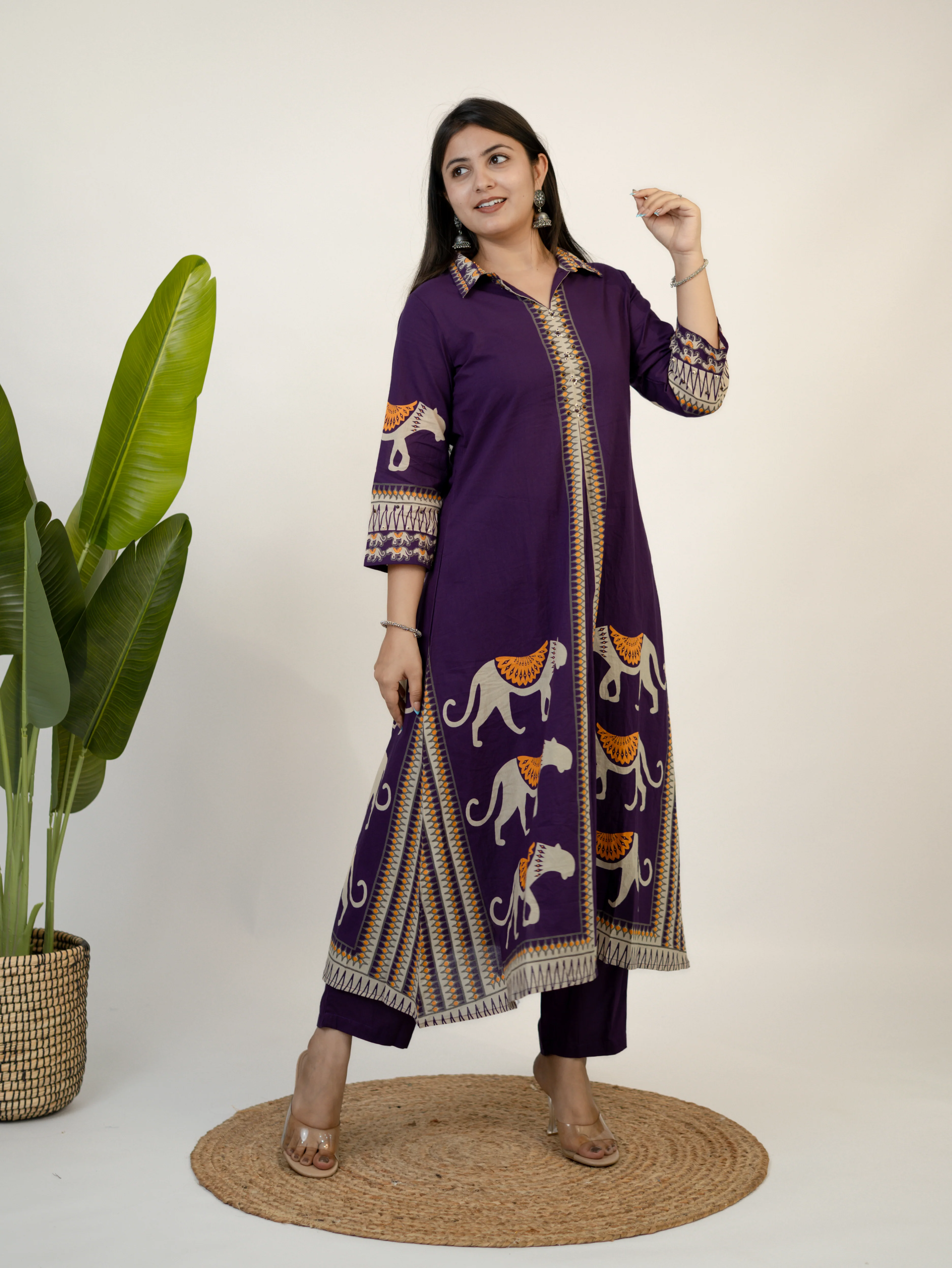 Kiara Purple Tribal Bagh Cotton BeadWork Kurta Set - Image 4